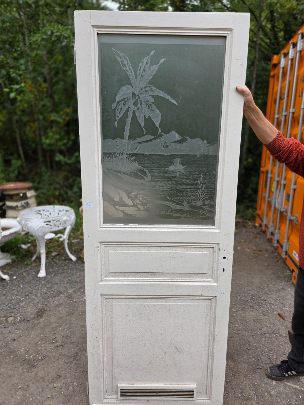 Antique Internal Etched Glass Door With Mediterranean Scene photo vintage
