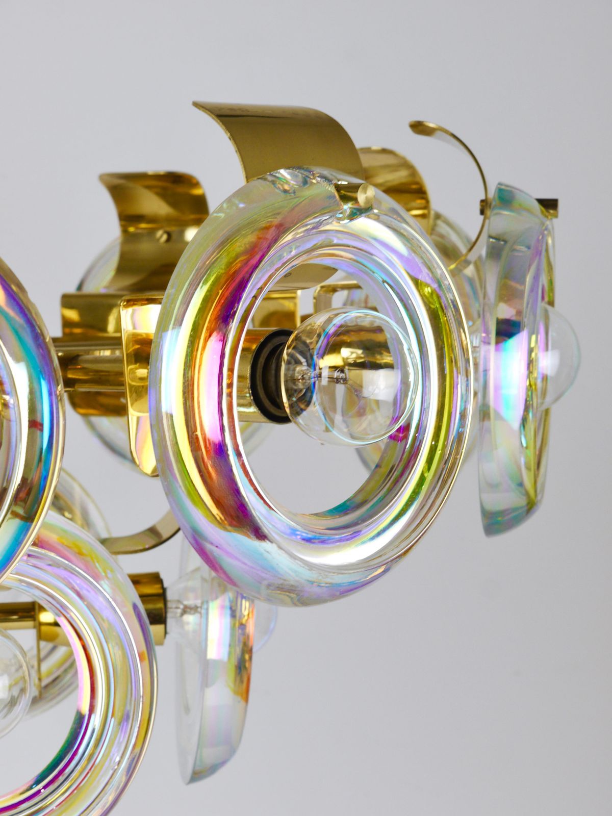 Oscar Torlasco Large Brass Chandelier, Optical Rainbow Glass Rings, Italy, 1970s photo vintage