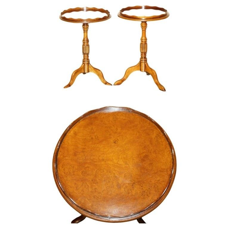 Pair Of Vintage Burr Walnut With Gallery Rails Side End Lamp Wine Tripod Tables
