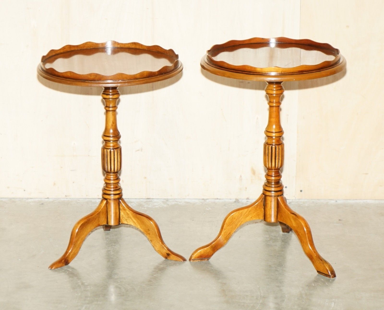 Pair Of Vintage Burr Walnut With Gallery Rails Side End Lamp Wine Tripod Tables photo furniture