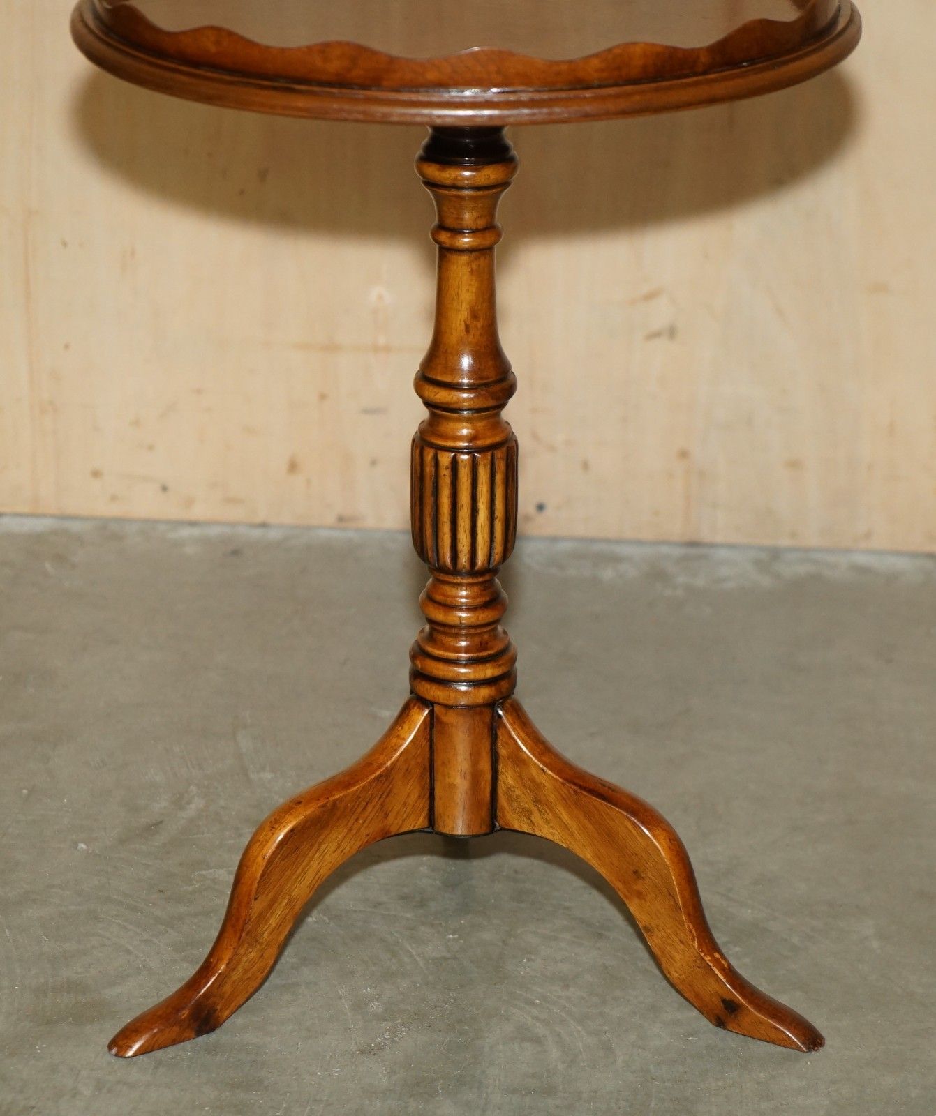 Pair Of Vintage Burr Walnut With Gallery Rails Side End Lamp Wine Tripod Tables photo vintage
