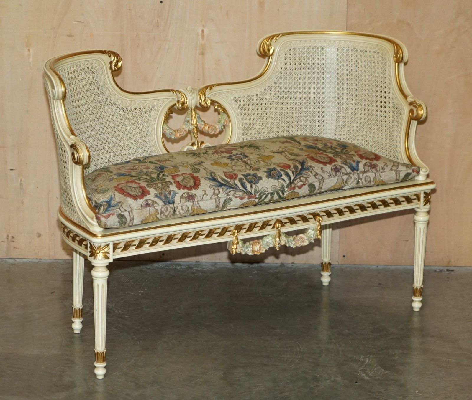Antique Gold & Silver Leaf Embroidered French Louis Bergere Window Seat Bench photo furniture