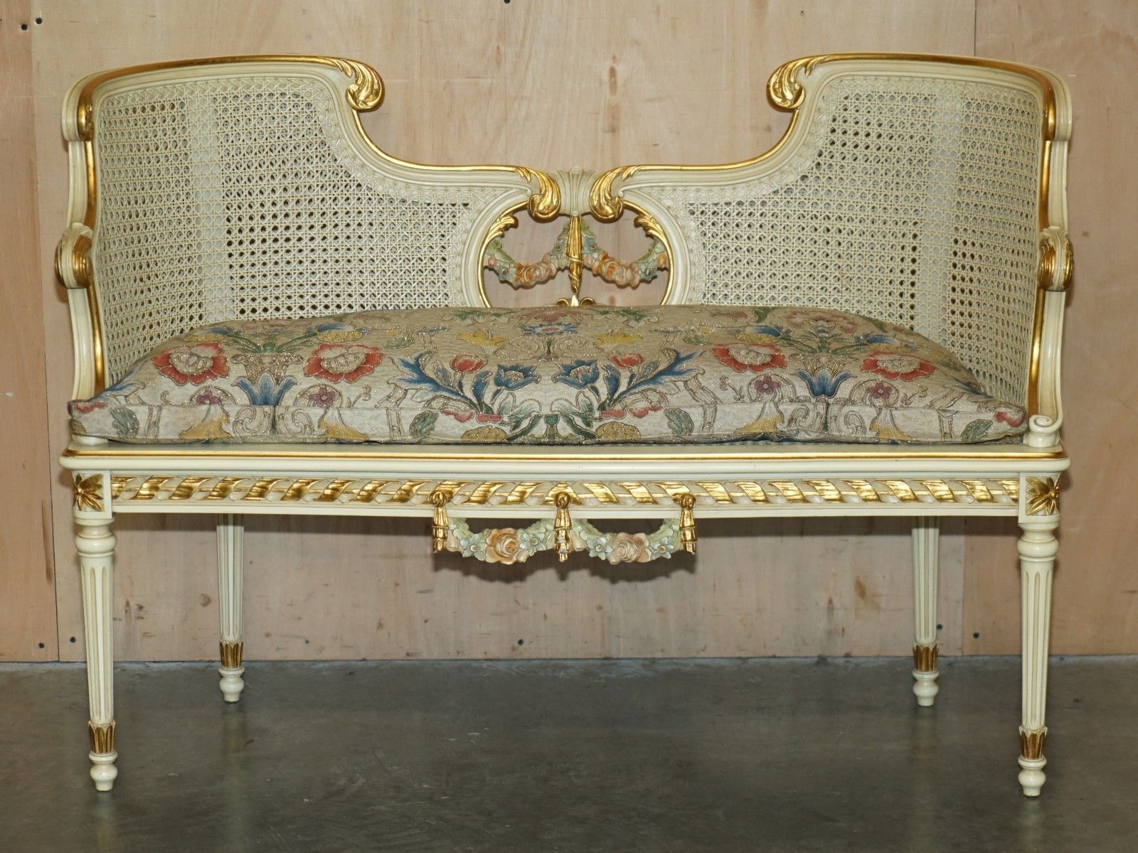 Antique Gold & Silver Leaf Embroidered French Louis Bergere Window Seat Bench photo for sale