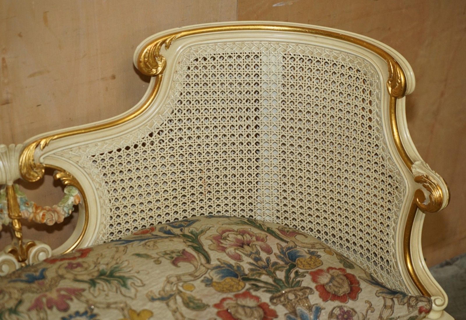 Antique Gold & Silver Leaf Embroidered French Louis Bergere Window Seat Bench photo vintage