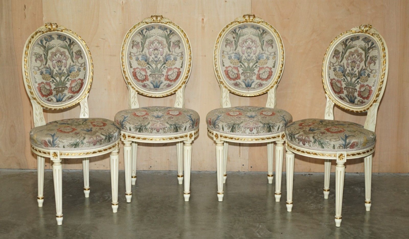 Four Stunning Antique Gold & Silver Leaf Embroidered French Louis Dining Chairs photo furniture