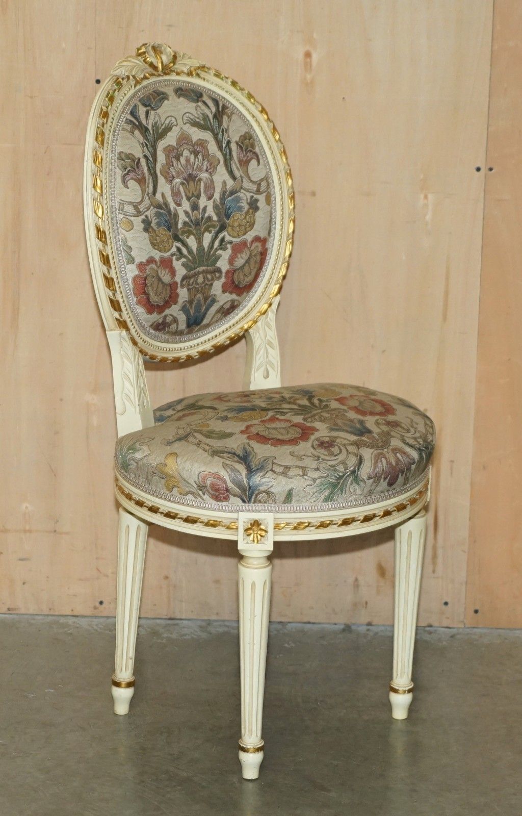 Four Stunning Antique Gold & Silver Leaf Embroidered French Louis Dining Chairs photo for sale