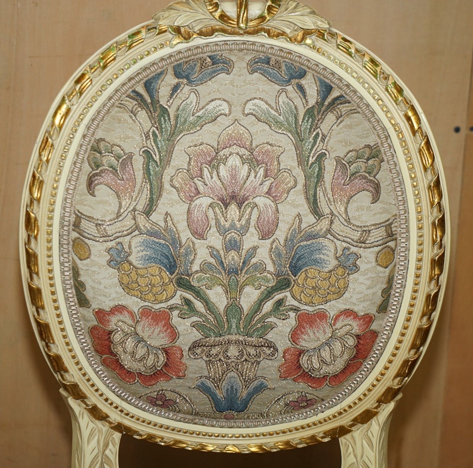 Four Stunning Antique Gold & Silver Leaf Embroidered French Louis Dining Chairs photo buy
