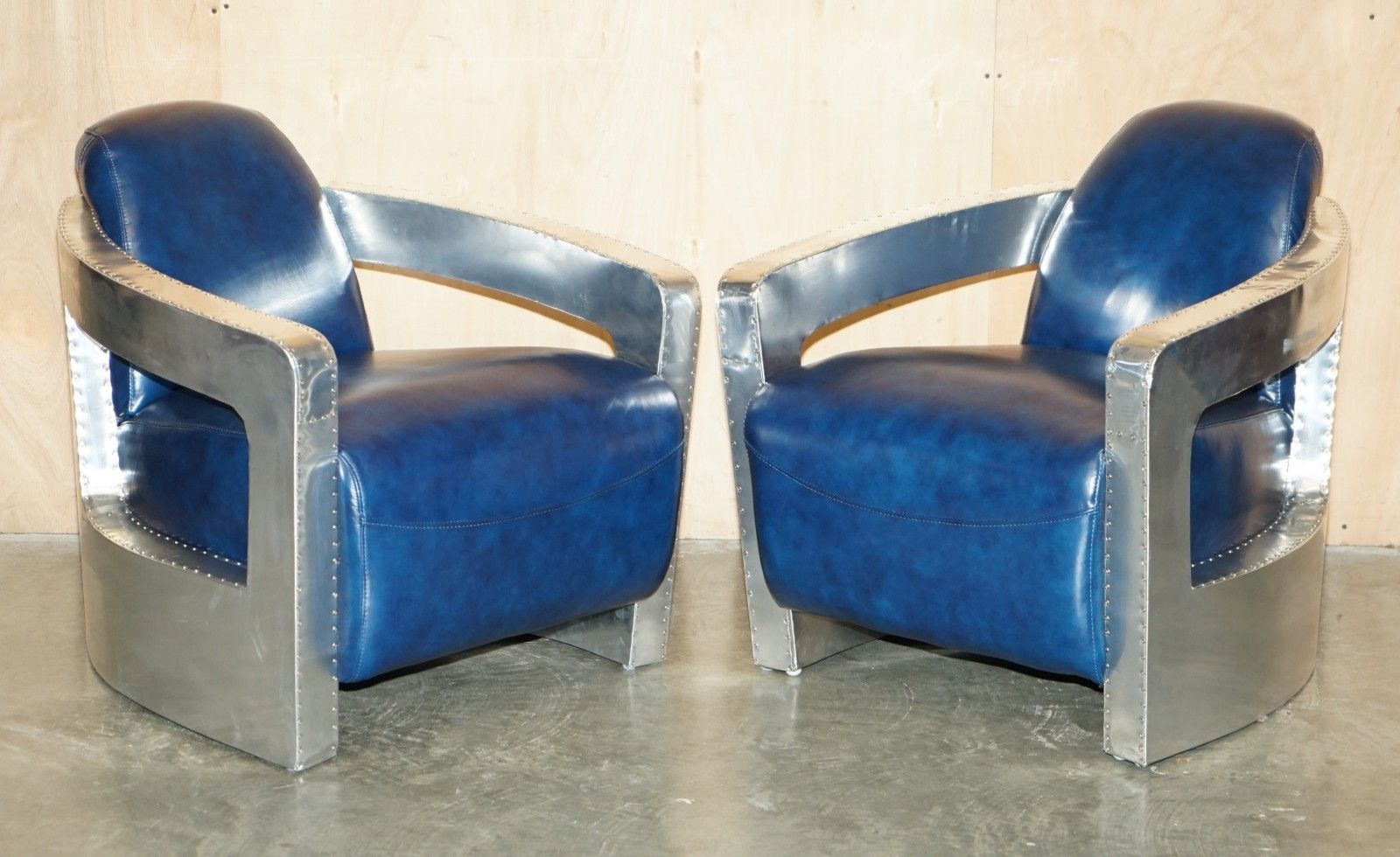 Fine Pair Of Napoleonic Blue Leather Polished Aluminium Aviator Rocket Armchairs photo furniture