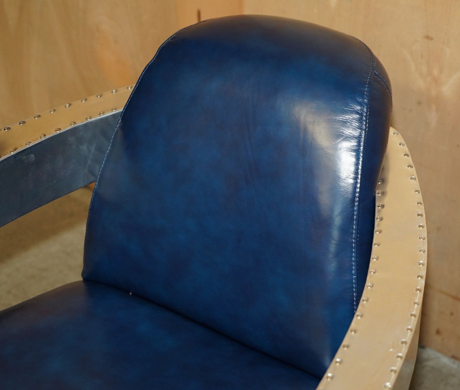 Fine Pair Of Napoleonic Blue Leather Polished Aluminium Aviator Rocket Armchairs photo vinterior
