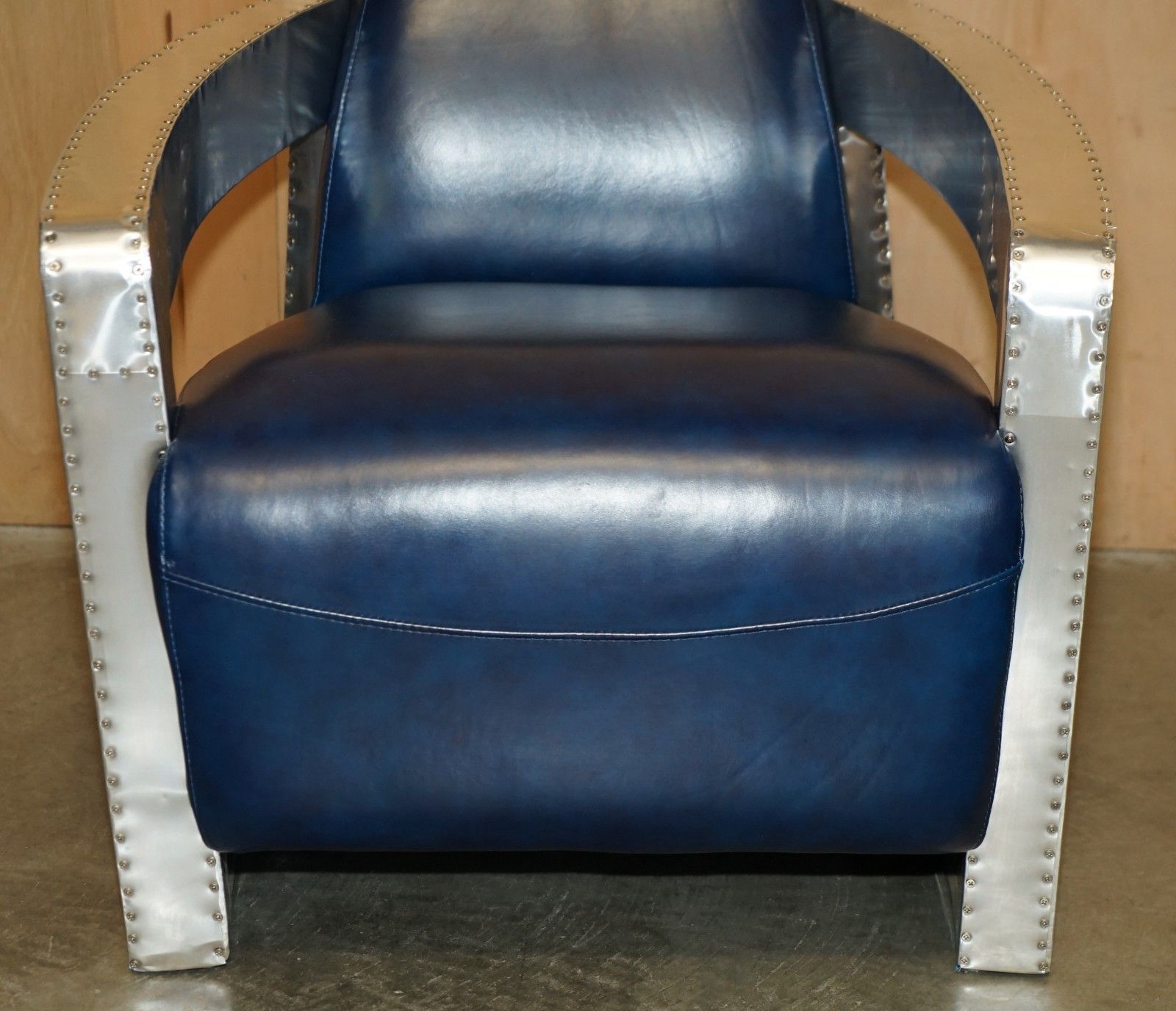 photo furniture Fine Pair Of Napoleonic Blue Leather Polished Aluminium Aviator Rocket Armchairs