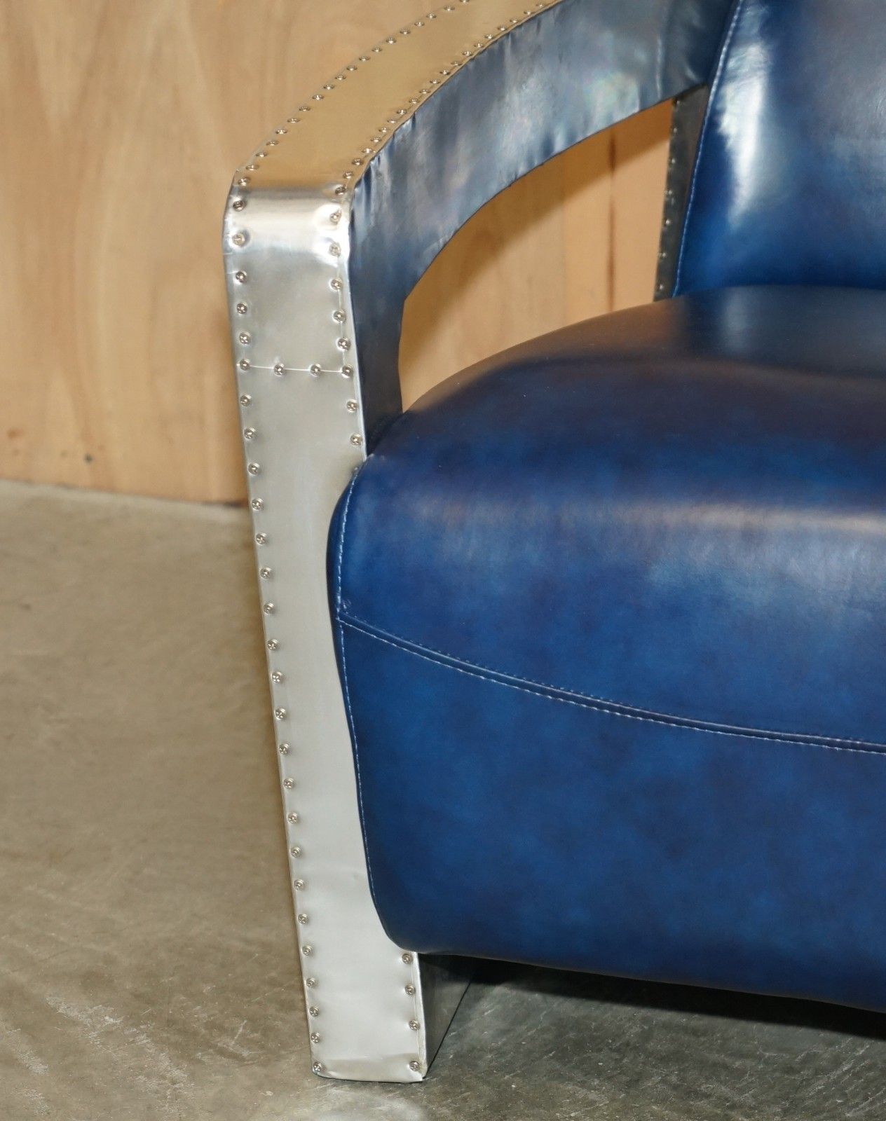 photo for sale Fine Pair Of Napoleonic Blue Leather Polished Aluminium Aviator Rocket Armchairs