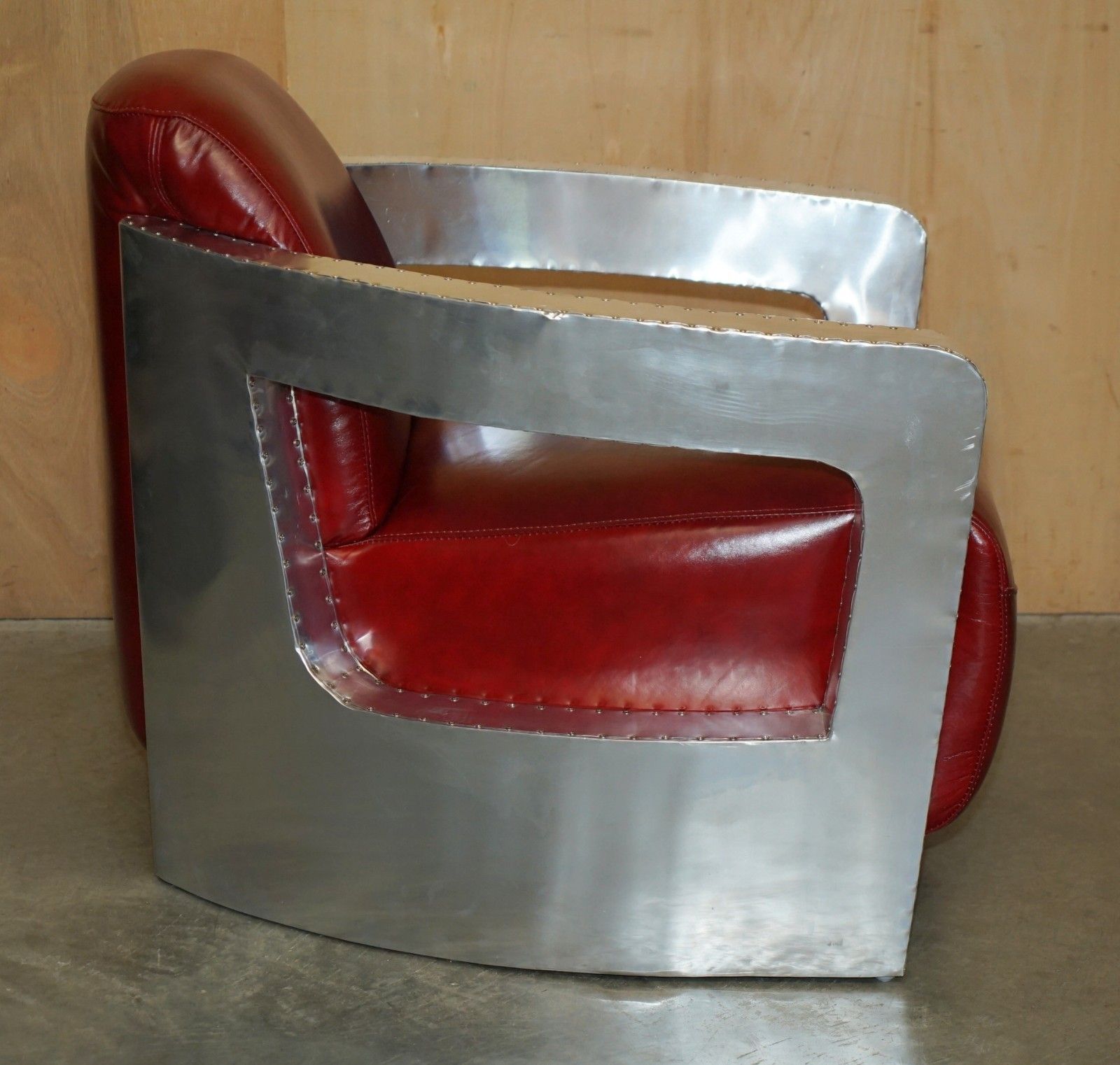 Furniture Fine Pair Of Red Wine Leather Polished Aluminium Aviator Rocket Lounge Armchairs photo