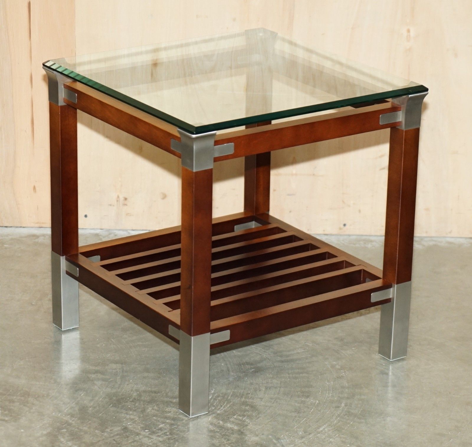 Pair Of Vintage Pierre Vandel Paris Mahogany Pewter & Glass Side Lamp End Tables photo for sale