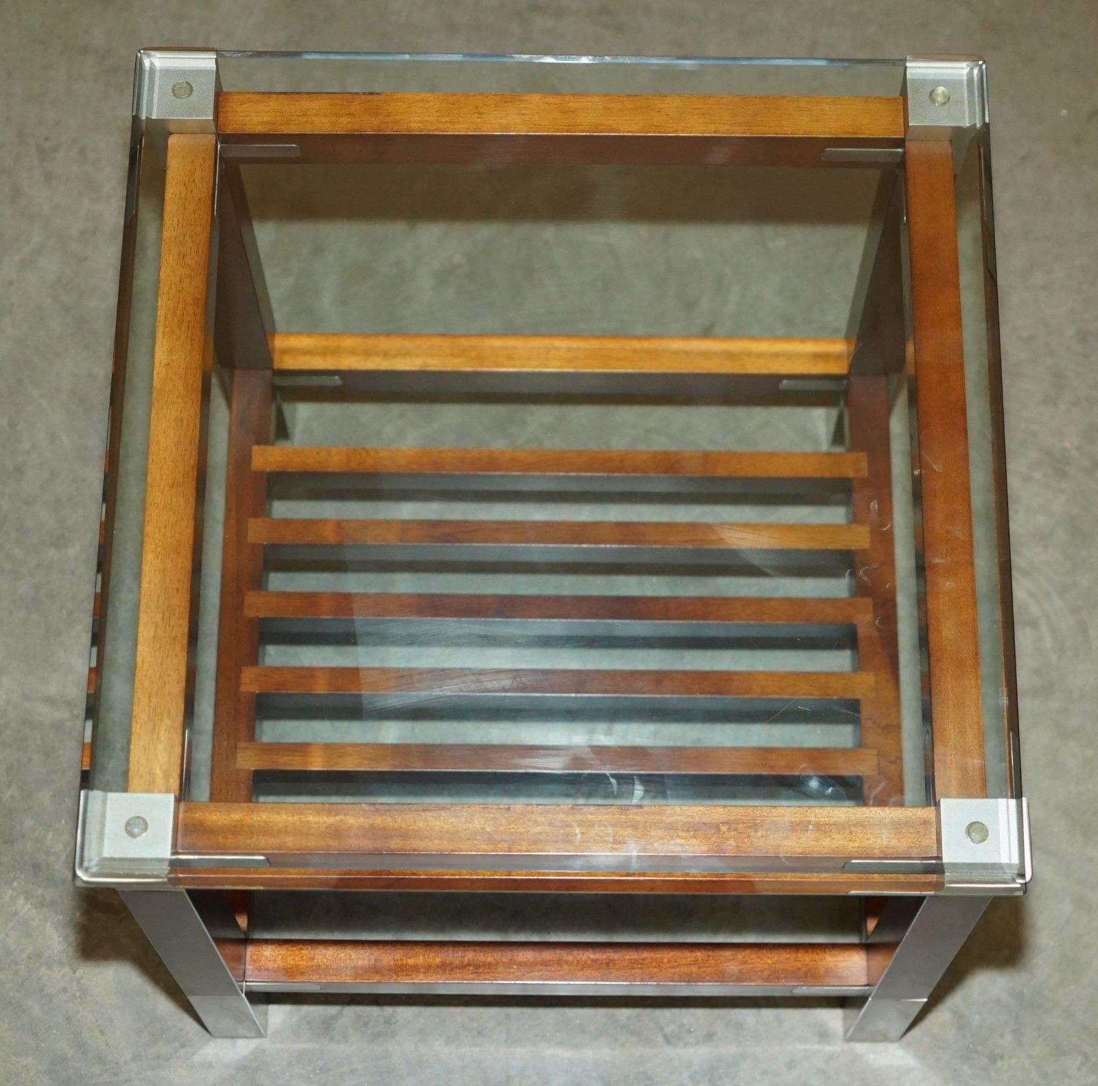 Pair Of Vintage Pierre Vandel Paris Mahogany Pewter & Glass Side Lamp End Tables photo 1554.0
