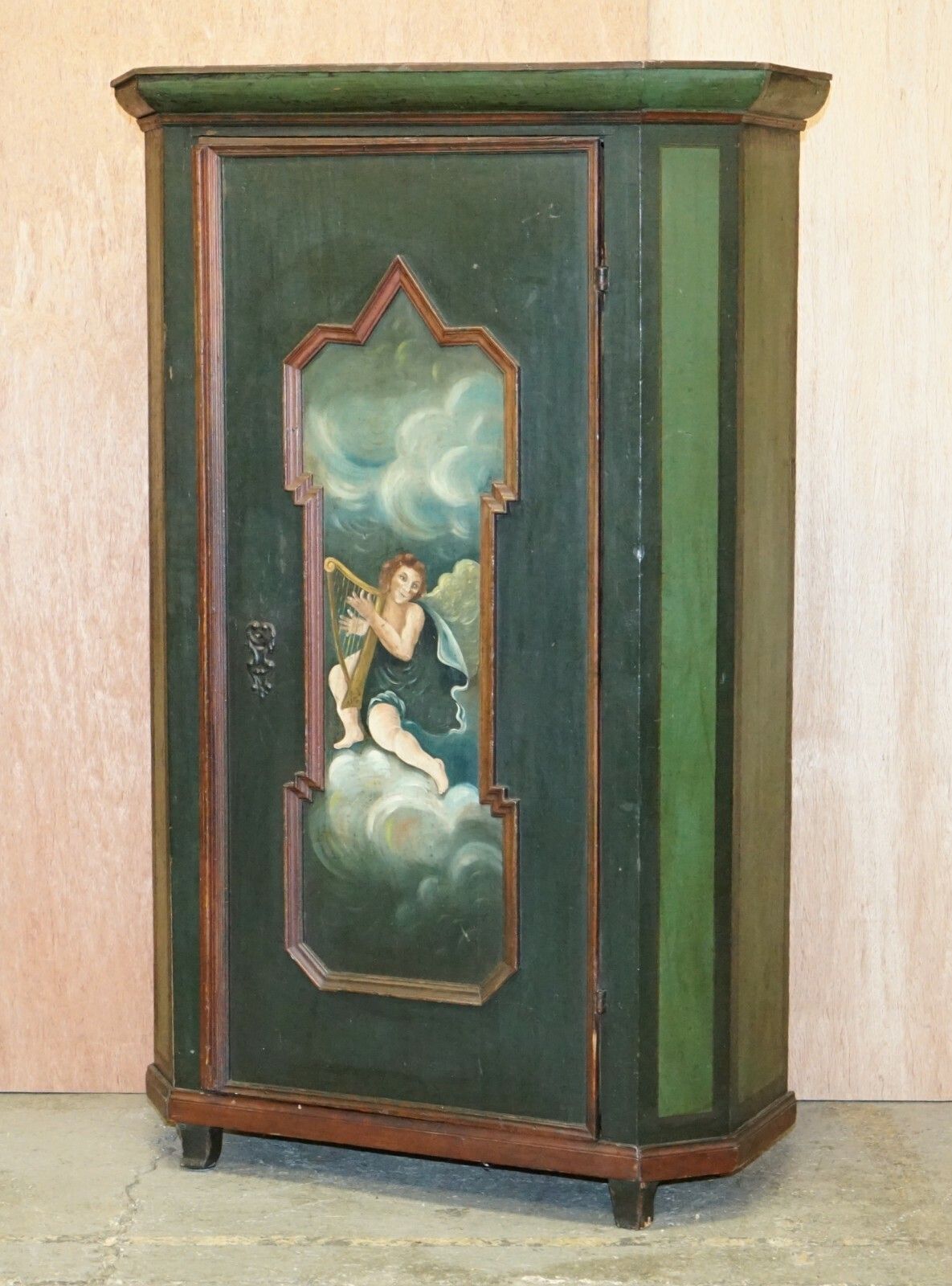 Circa 1800 Hand Painted Green Swedish Hall Or Pot Cupboard Wardrobe Musical Deco photo for sale