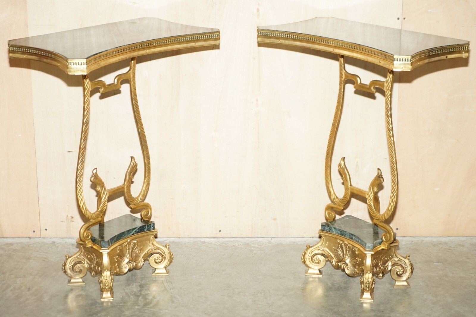 Pair Of Antique French Circa 1880 Solid Brass & Green Marble Side End Tables photo furniture