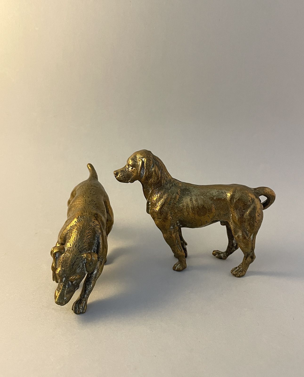 Set Of Two Antique Bronze Hunting Dog Statues, Detailed Pointer/Spaniel Dog Heavy Metal Sculpture Ornaments photo 95.0