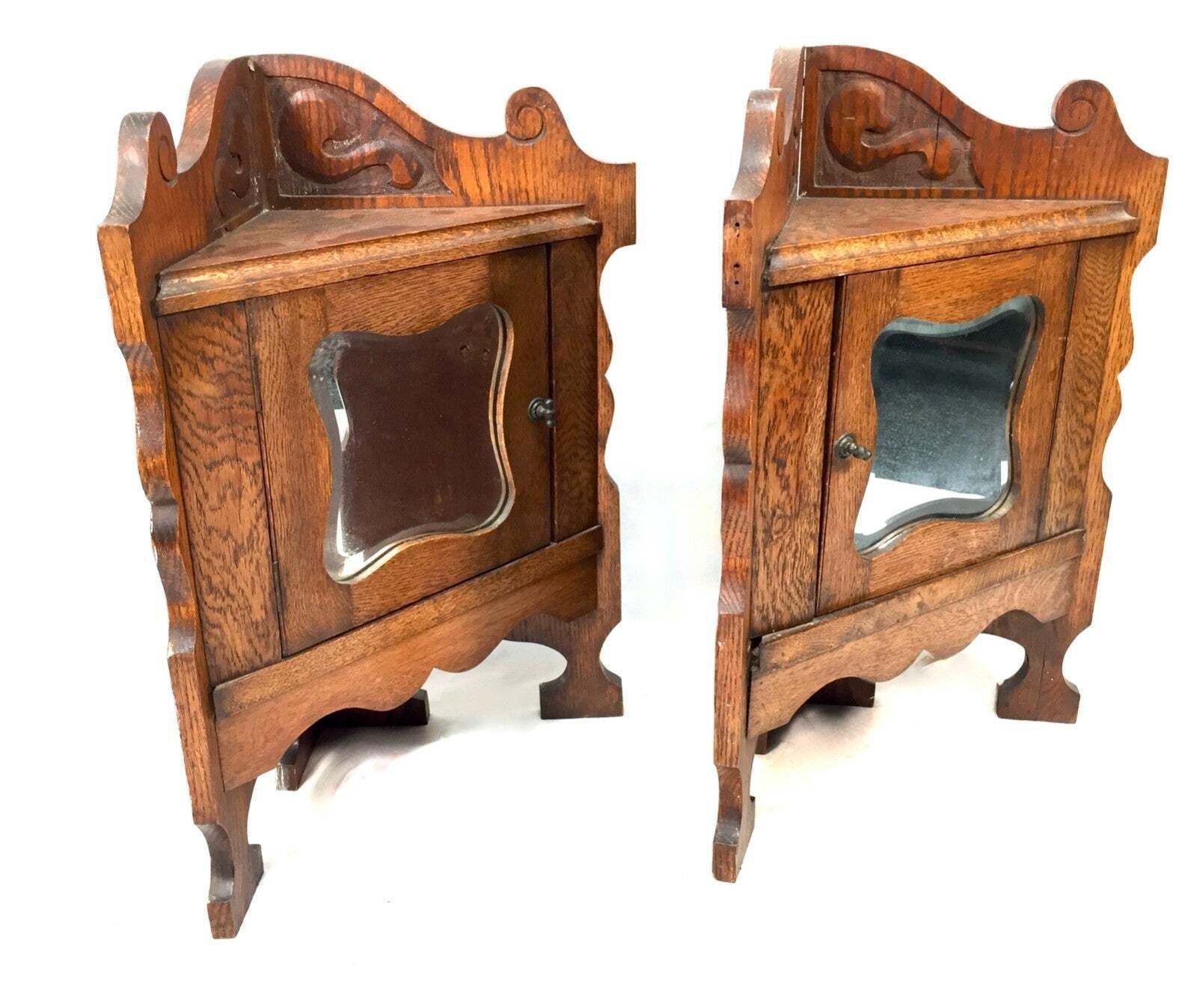 Antique Pair Of Corner Oak Wood Wall Cabinets / Mirror Fronts / Cupboards C.1900 photo furniture