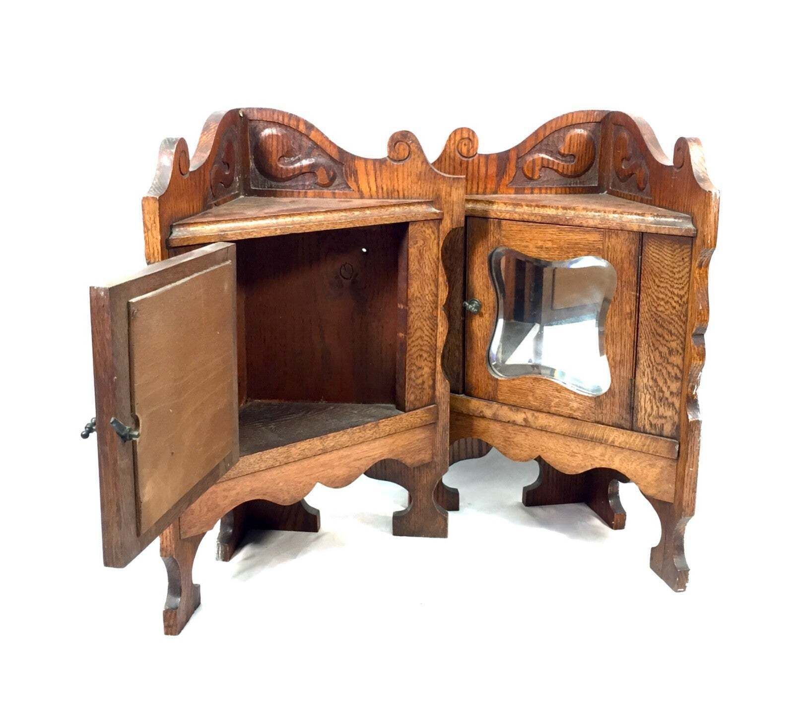 Antique Pair Of Corner Oak Wood Wall Cabinets / Mirror Fronts / Cupboards C.1900 photo vintage