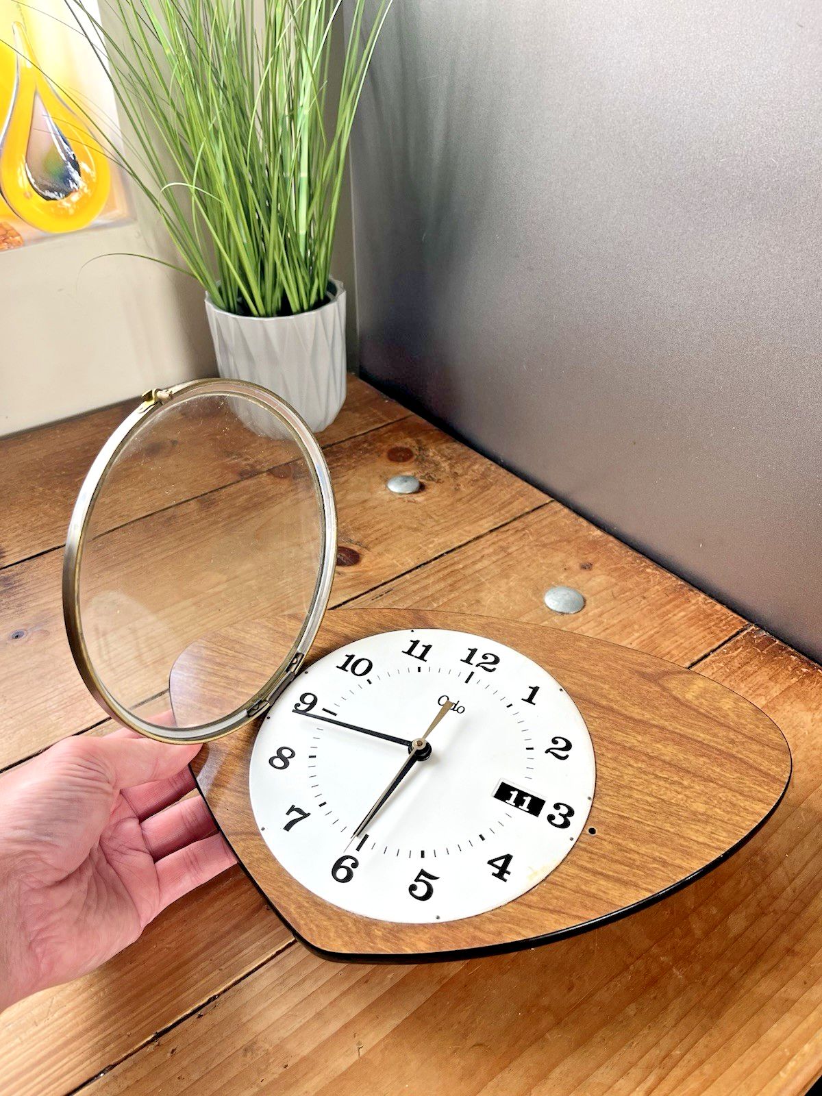 photo furniture Mid Century Modern 60's Odo Faux Teak Wood Wall Clock Perpetual Calendar Vintage
