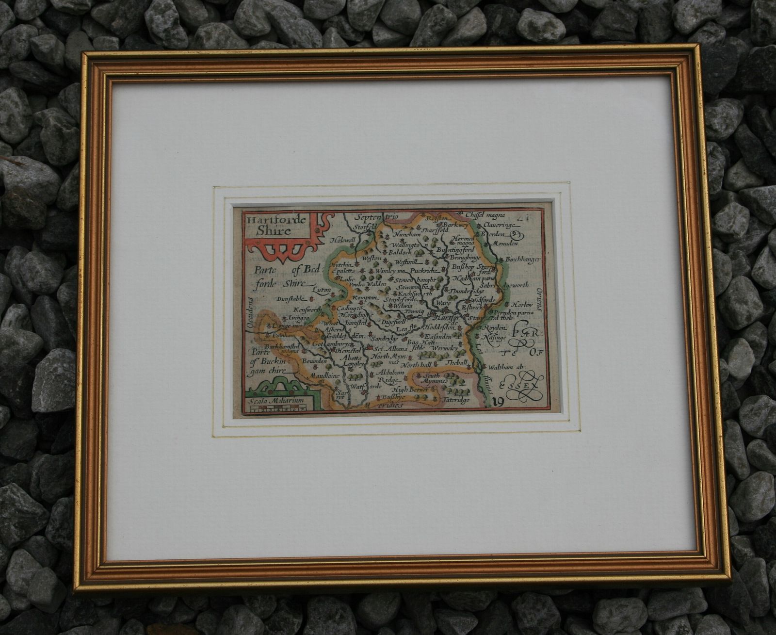 Framed Antique Map ‘Hartforde Shire’ (Hertfordshire) By Pieter Van Den Keere (‘Miniature Speed’) C.1627