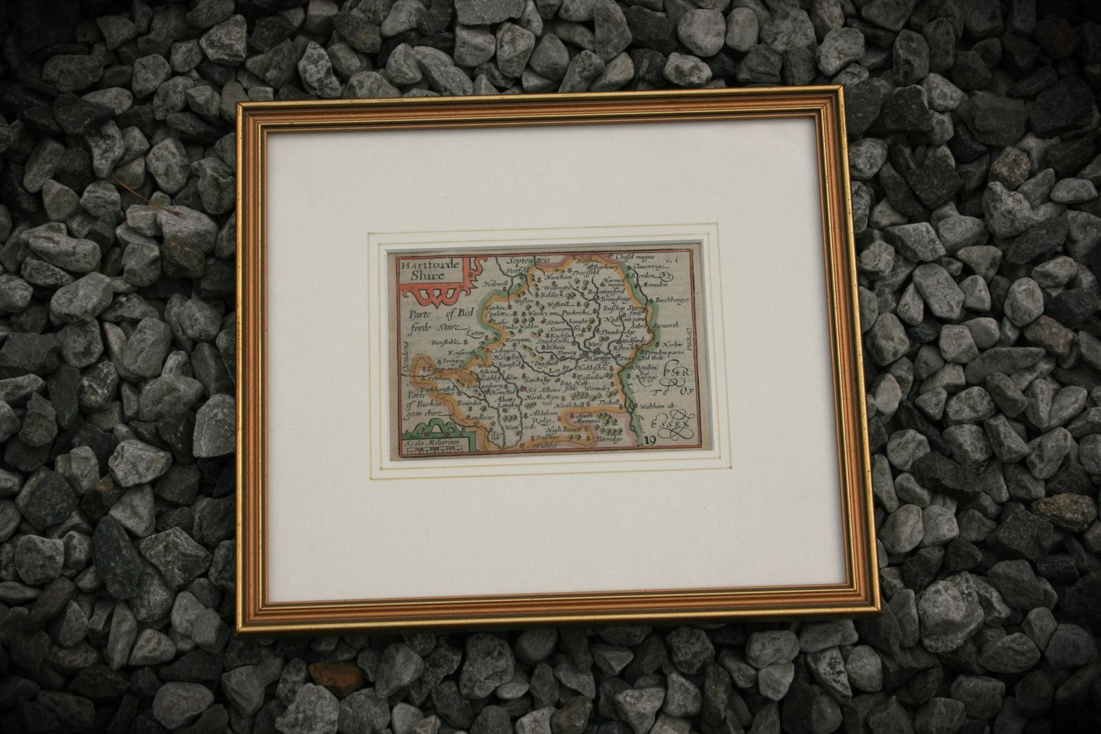 Framed Antique Map ‘Hartforde Shire’ (Hertfordshire) By Pieter Van Den Keere (‘Miniature Speed’) C.1627 photo for sale