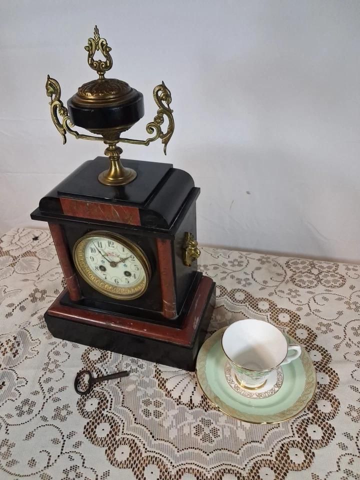French Antique Mantle Marble Clock Ticking And Chiming photo furniture
