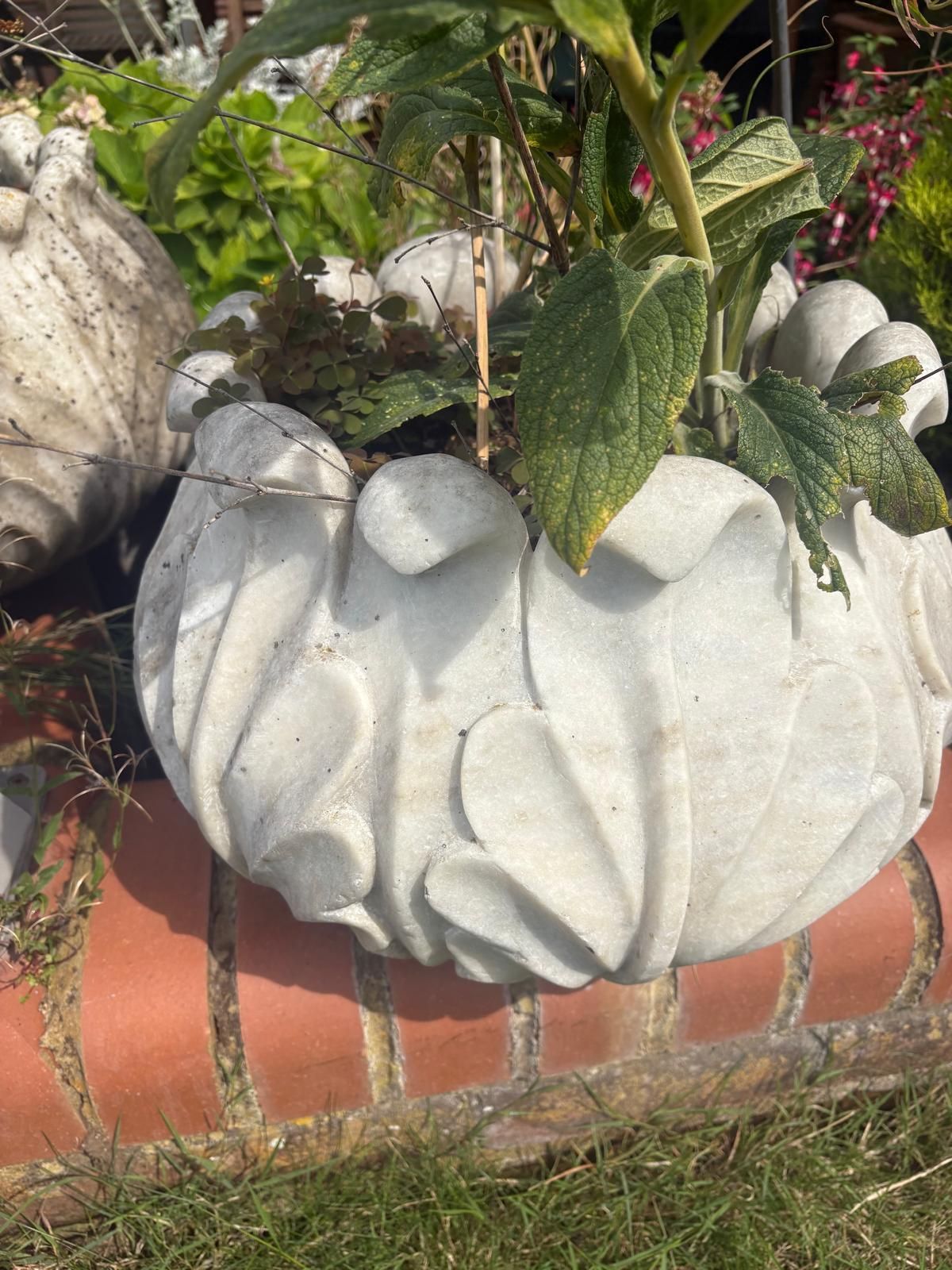 Variety 20th Century Hand Carved  Marble Planters Leaf Pattern, Scalloped / Round Top photo vinterior
