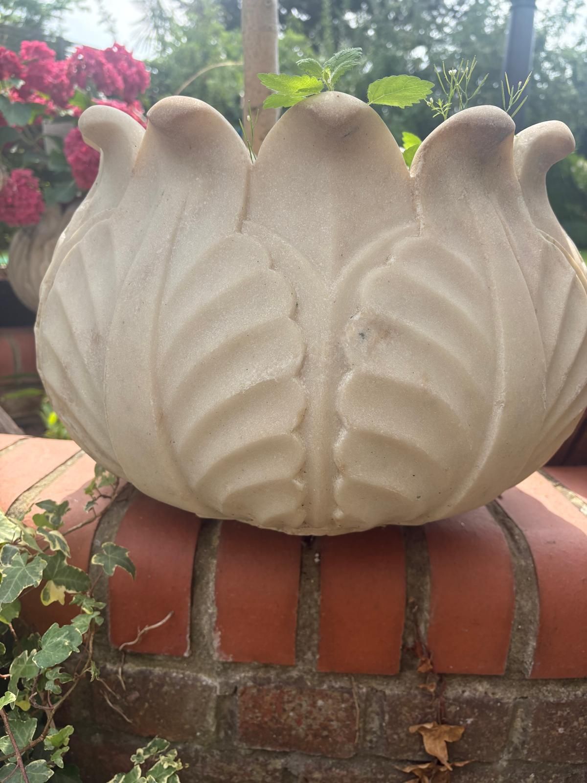 Garden Decor Variety 20th Century Hand Carved  Marble Planters Leaf Pattern, Scalloped / Round Top photo