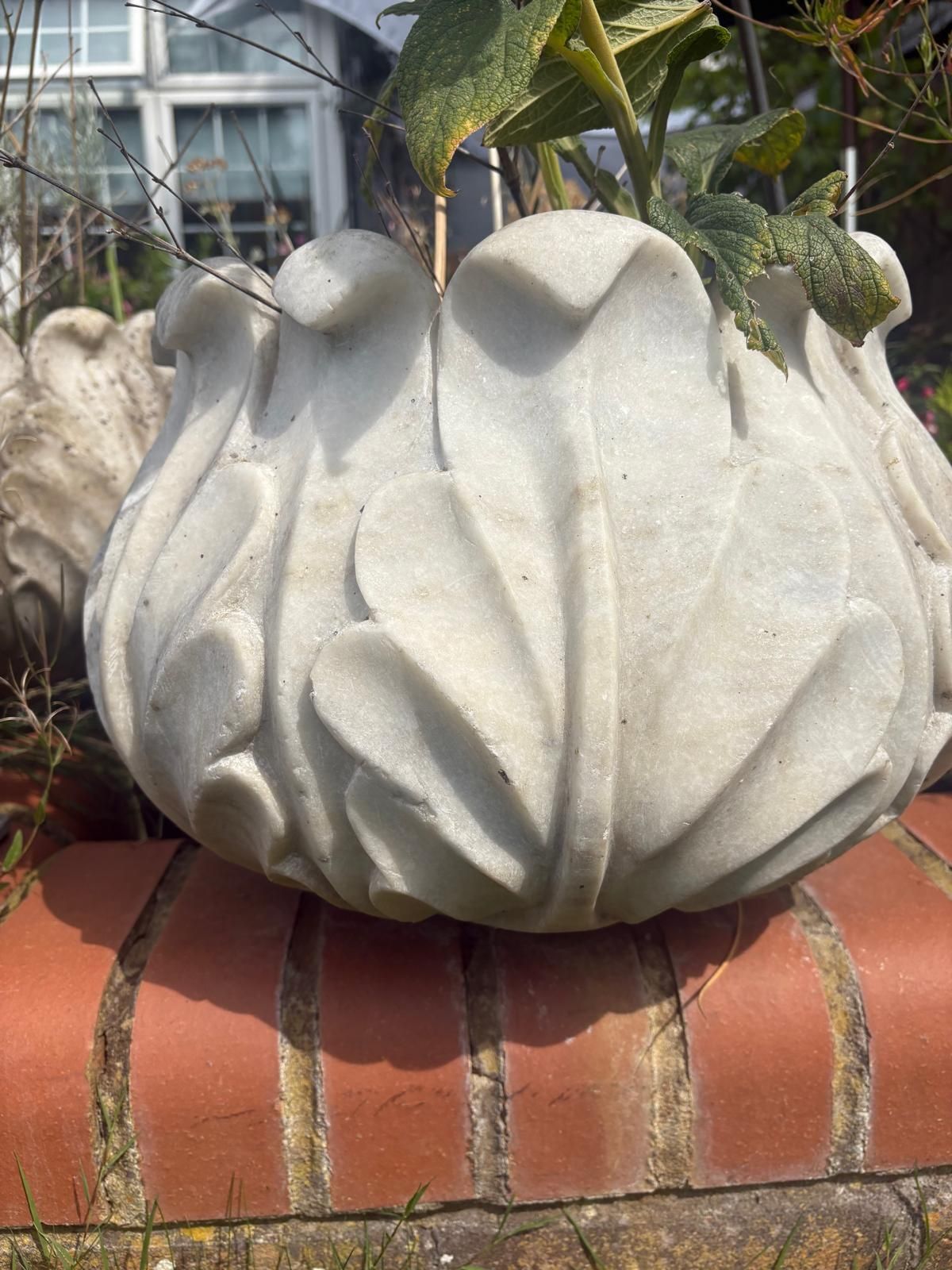 photo buy Variety 20th Century Hand Carved  Marble Planters Leaf Pattern, Scalloped / Round Top
