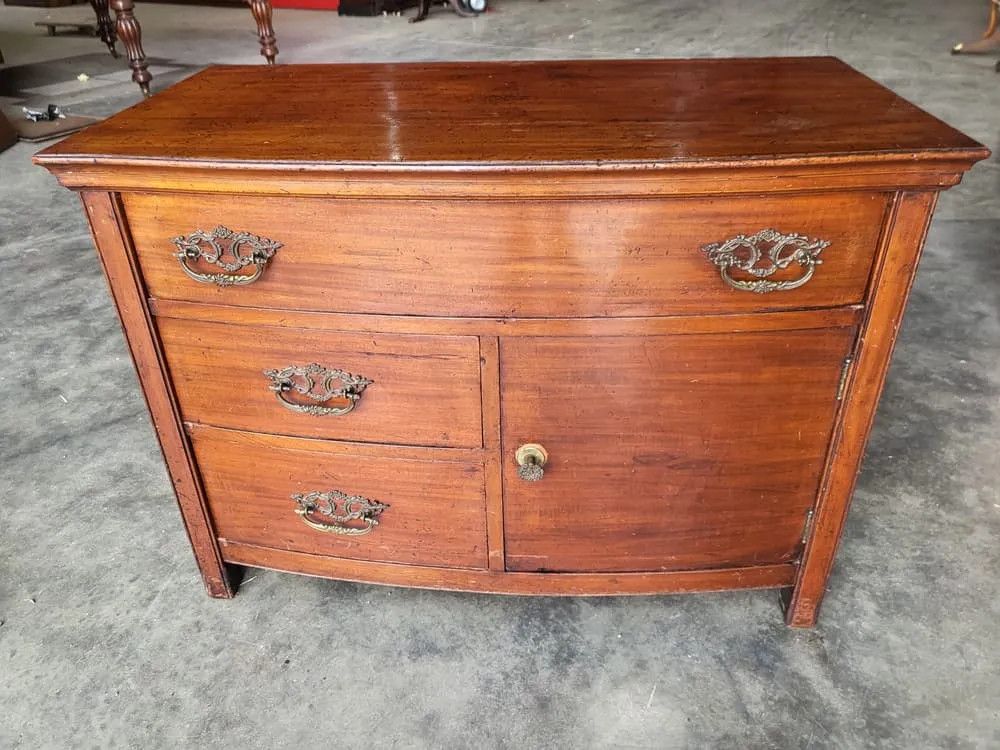Antique Edwardian Low Bow Front Small Chest Of Drawers With Cupboard