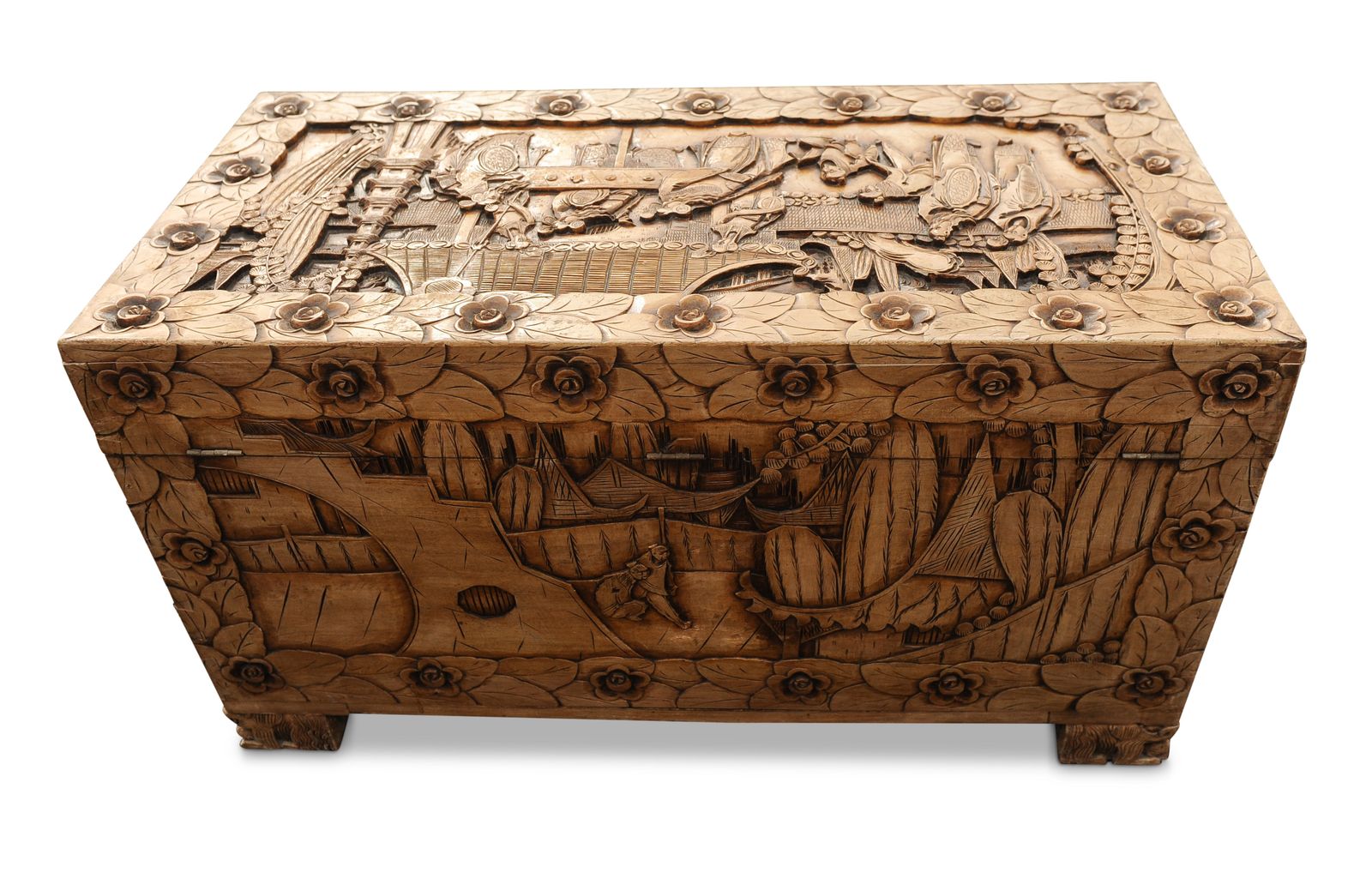 An Exquisite Carved Chinese Export Camphor Chest With Etched Brass Lock Fitted With A Removable Glass Top & Interior Lift Out Tray photo 2100.0