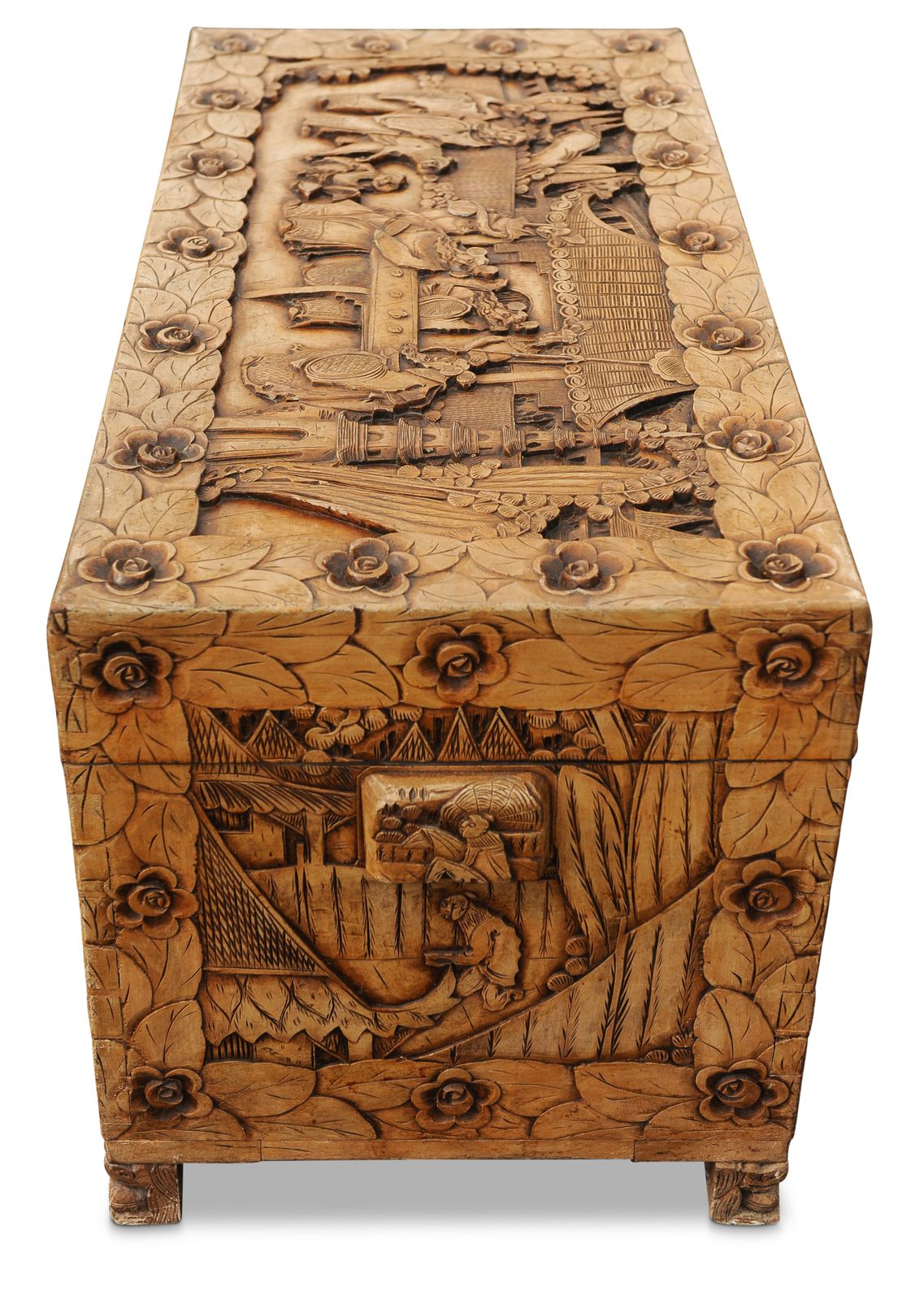 An Exquisite Carved Chinese Export Camphor Chest With Etched Brass Lock Fitted With A Removable Glass Top & Interior Lift Out Tray photo vinterior