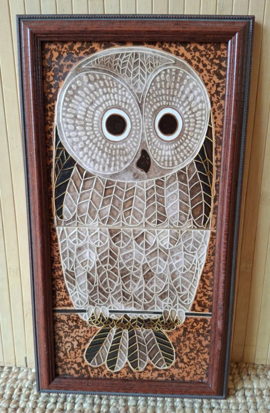 Fab Vintage Retro 1970s Maw & Co British Framed Hand Painted Majolica Tiles Owl