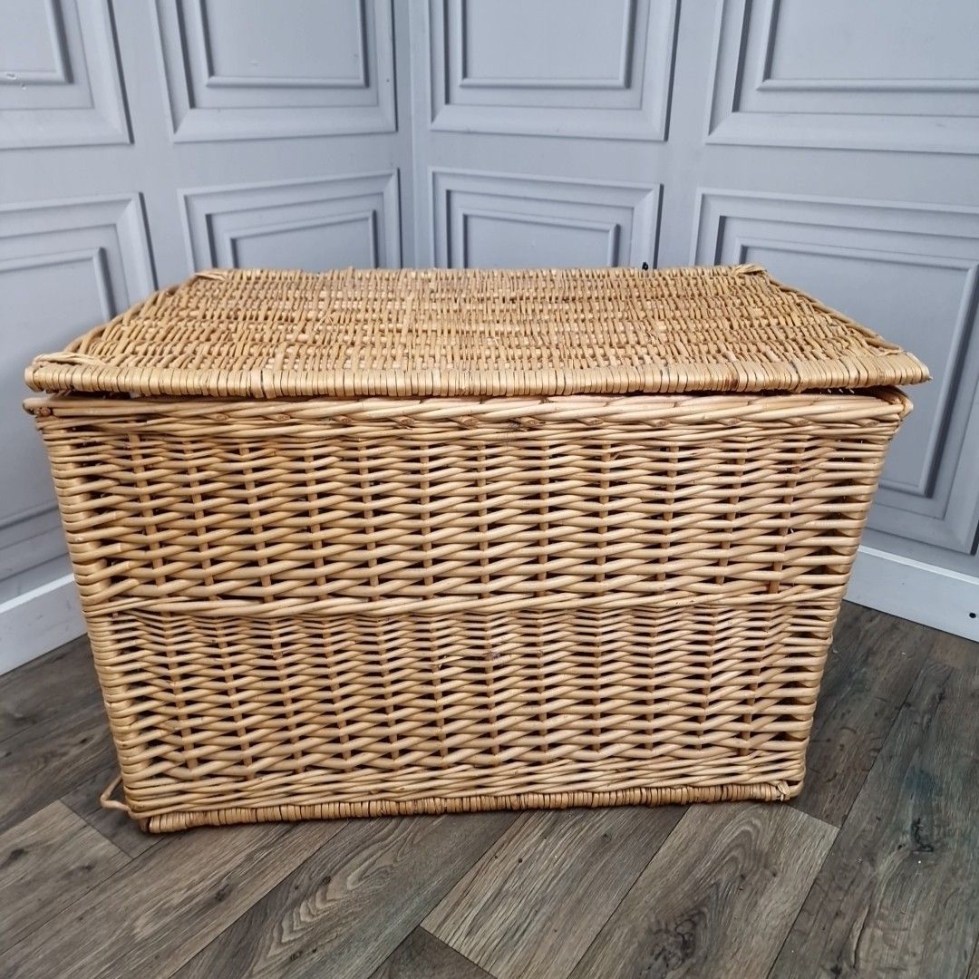 Large Vintage Wicker Basket Storage Chest – Blanket Toy Linen Box Lid & Handles photo furniture