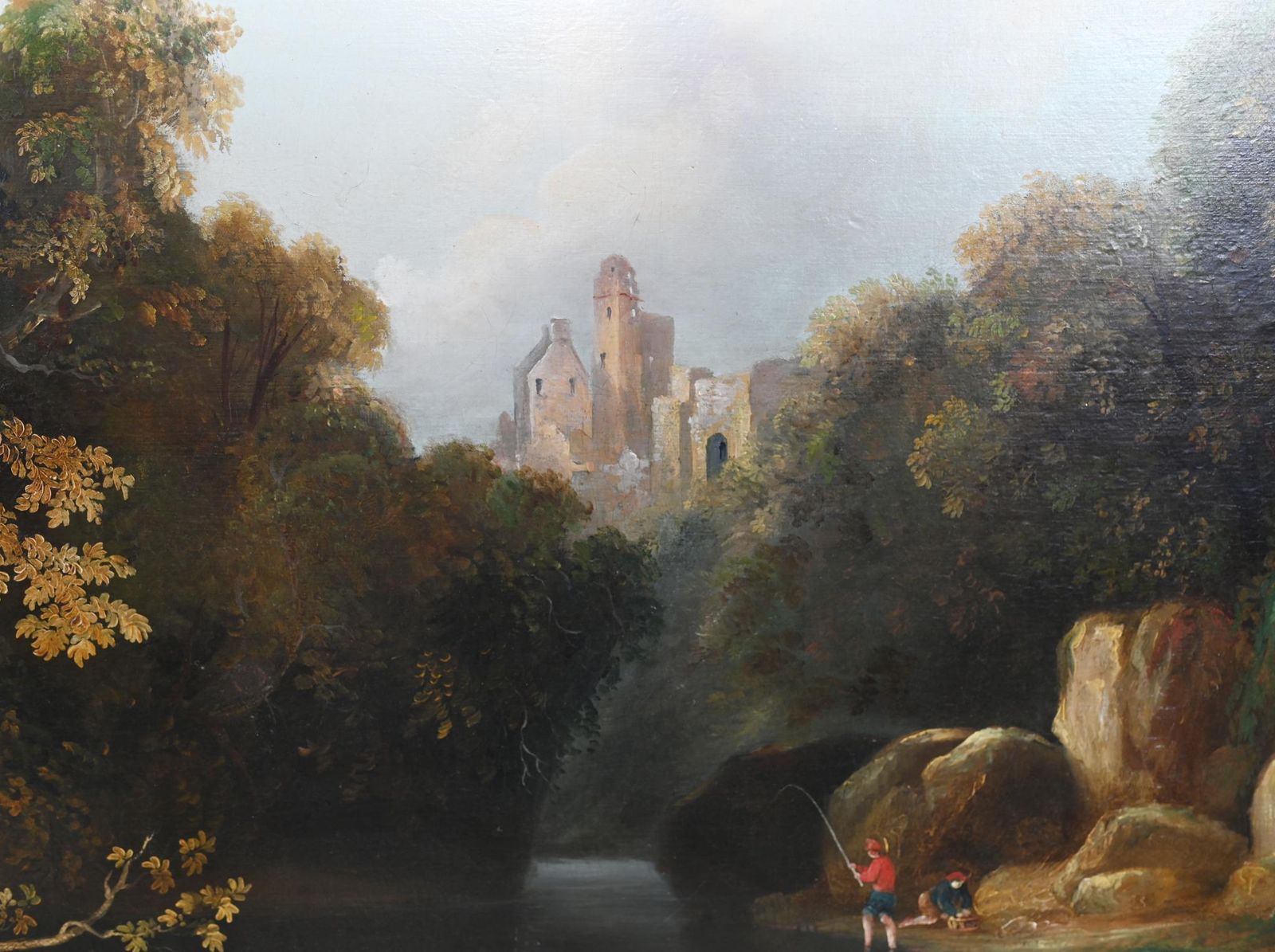 Antique French Oil Painting River Scape Art Chateau 1860 photo Art