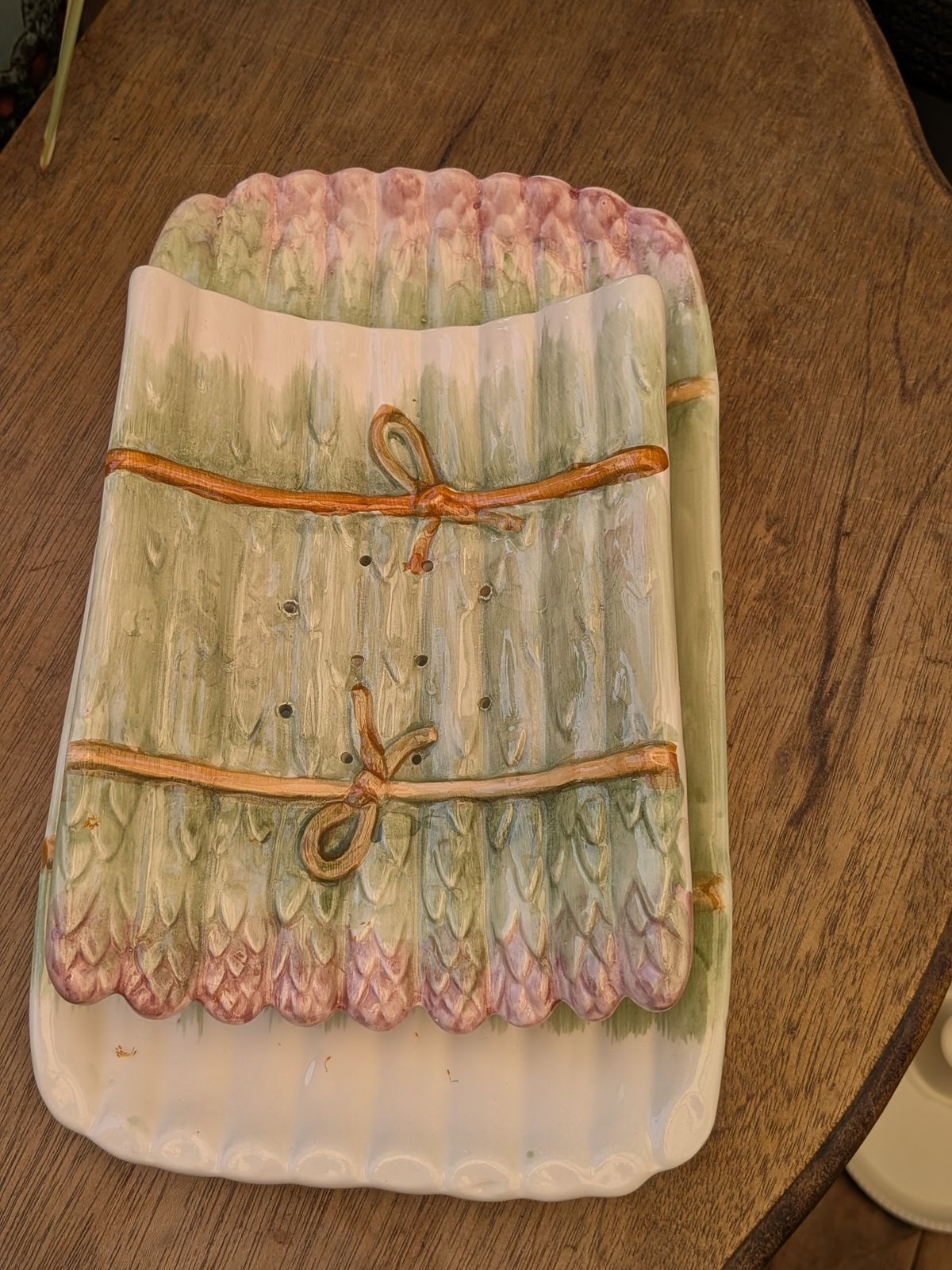 Vintage French Hand Painted Majolica Asparagus Cradle With Serving Plate 1313g photo for sale