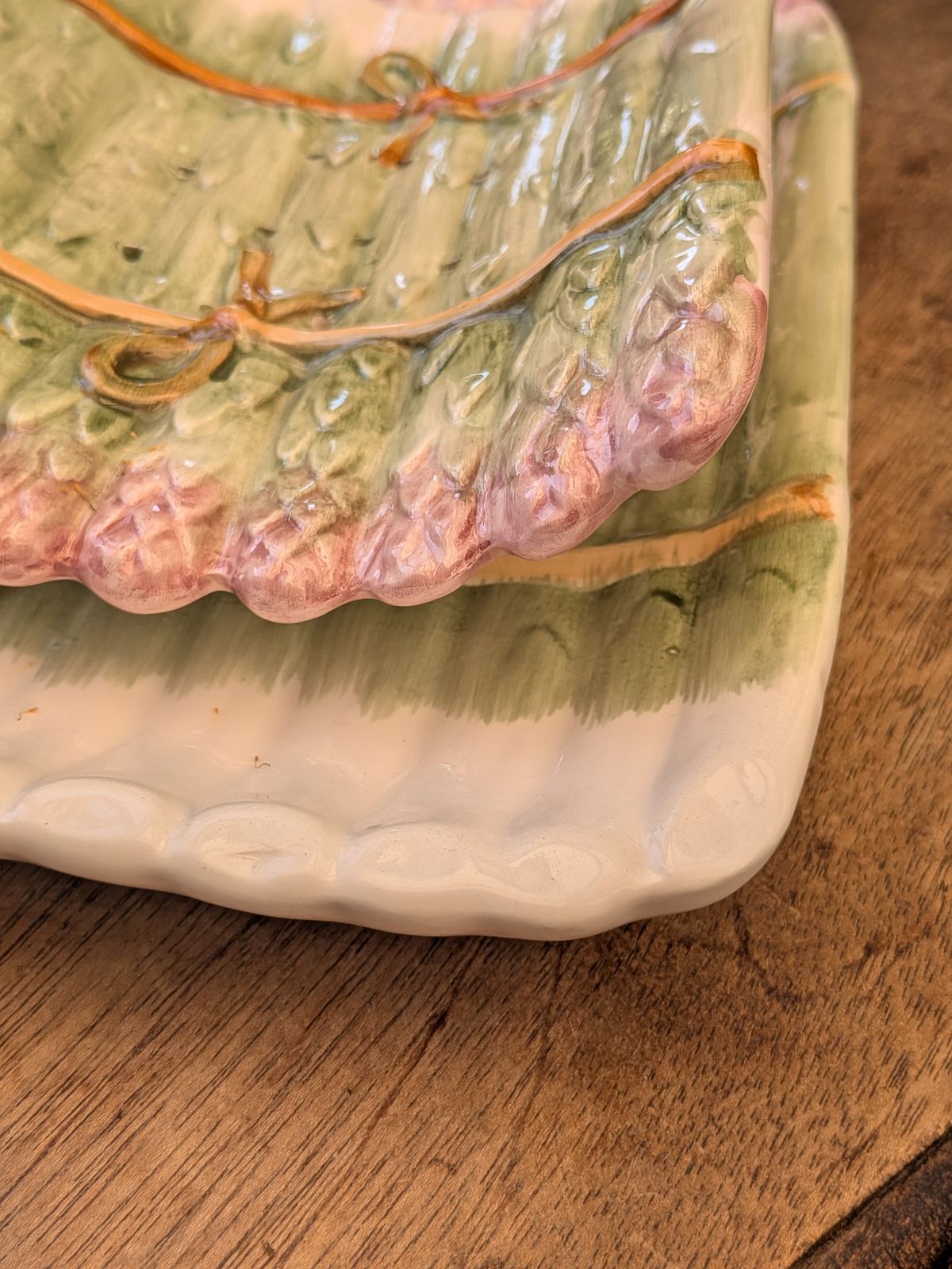 Vintage French Hand Painted Majolica Asparagus Cradle With Serving Plate 1313g photo vinterior