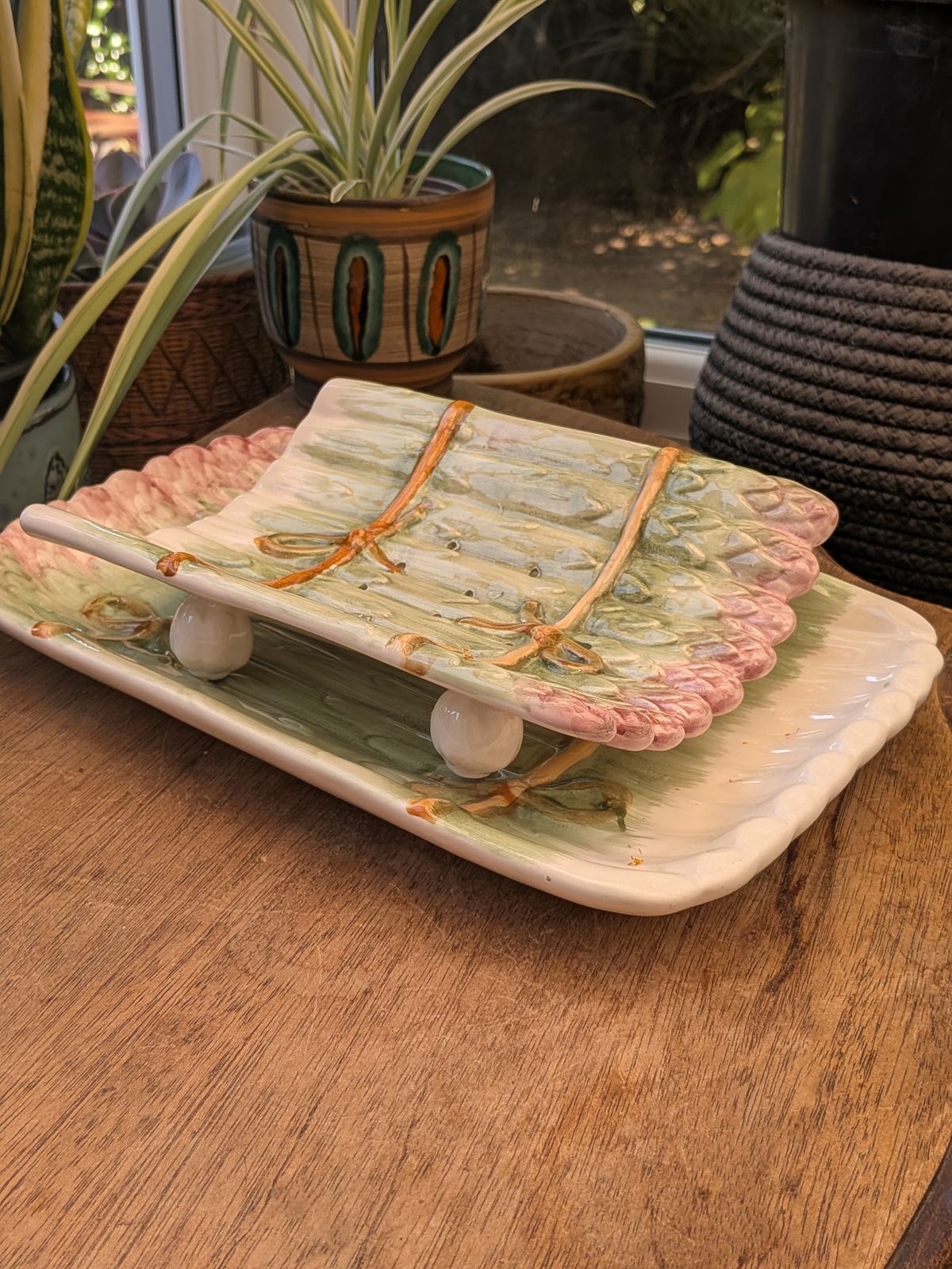 Art Vintage French Hand Painted Majolica Asparagus Cradle With Serving Plate 1313g photo