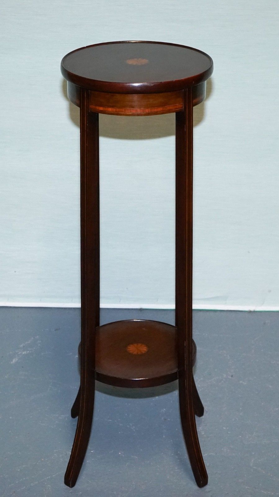 Antique Hardwood Two Tier Plant Stand With Starburst Marquetry Inlay photo Home Decor