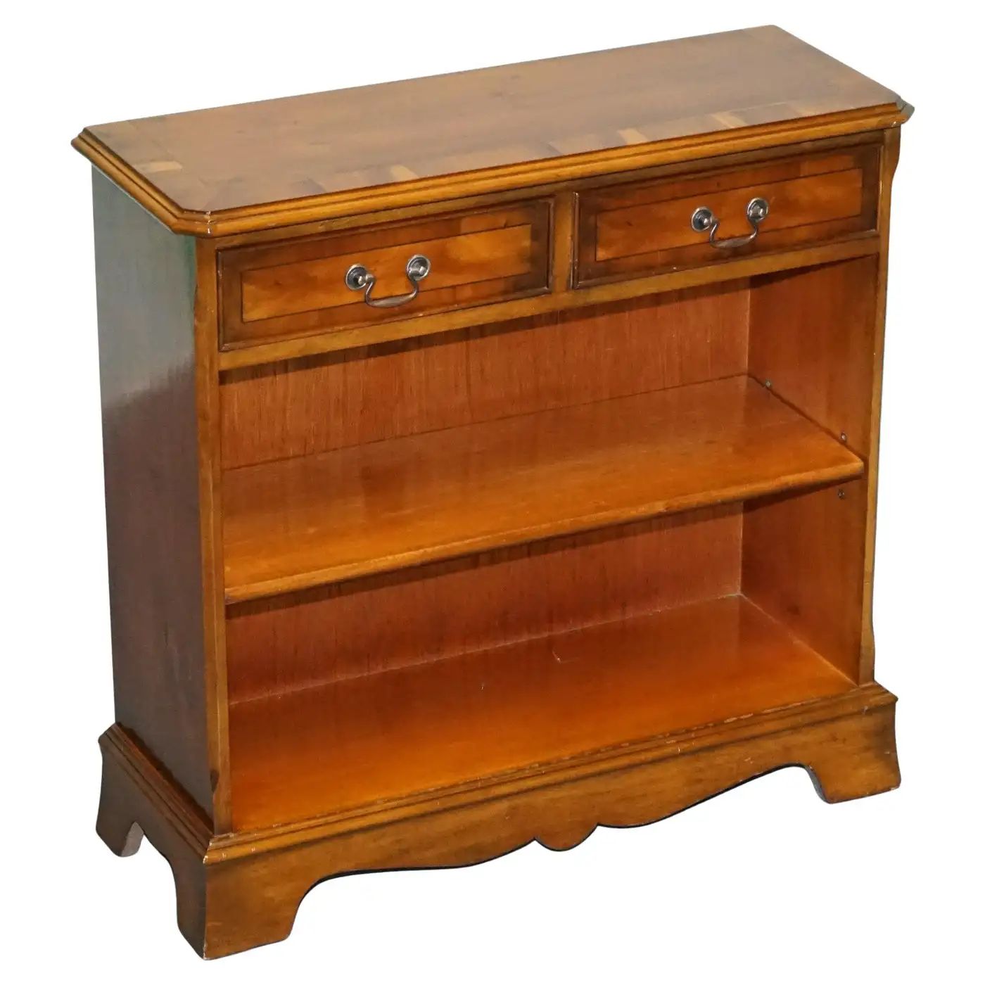 Vintage Burr Yew Wood Open Dwarf Library Bookcase With Two Drawers