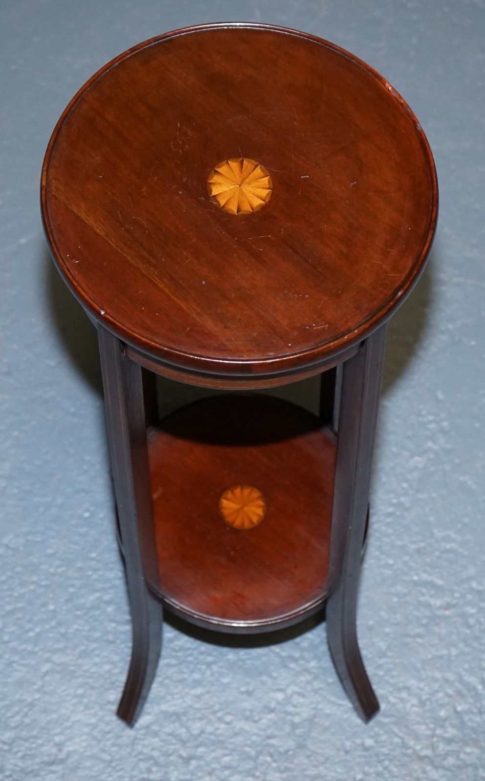 Antique Hardwood Two Tier Plant Stand With Starburst Marquetry Inlay photo vintage