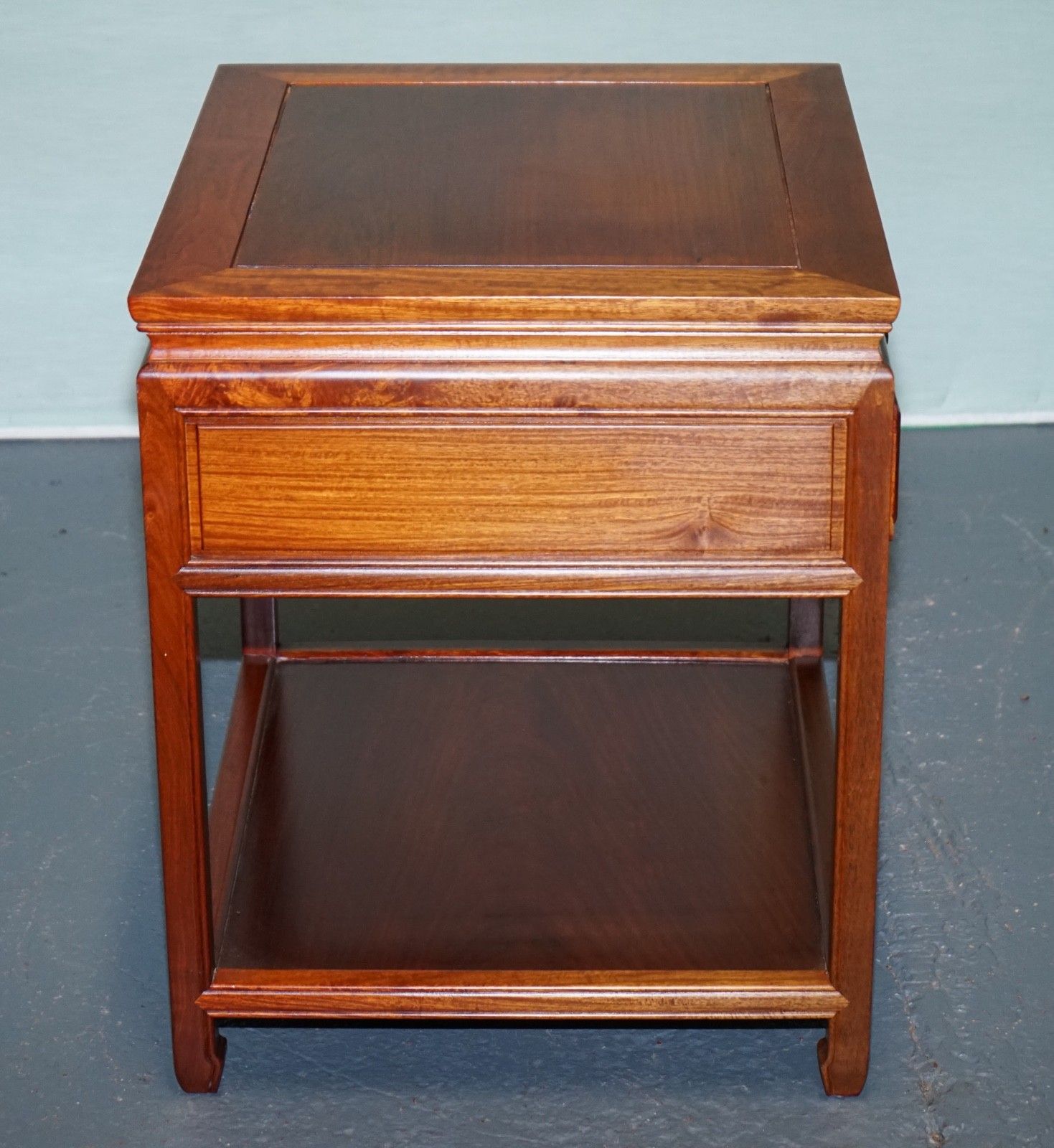 photo for sale Vintage Oriental Chinese Mid Century Side Table With Drawer And Shelf