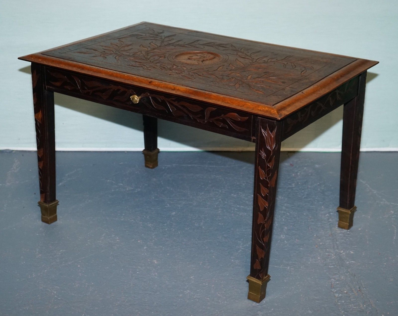 King Albert I Of Belgium Occasional Side End Coffee Table Carved Oak Circa 1900 photo for sale