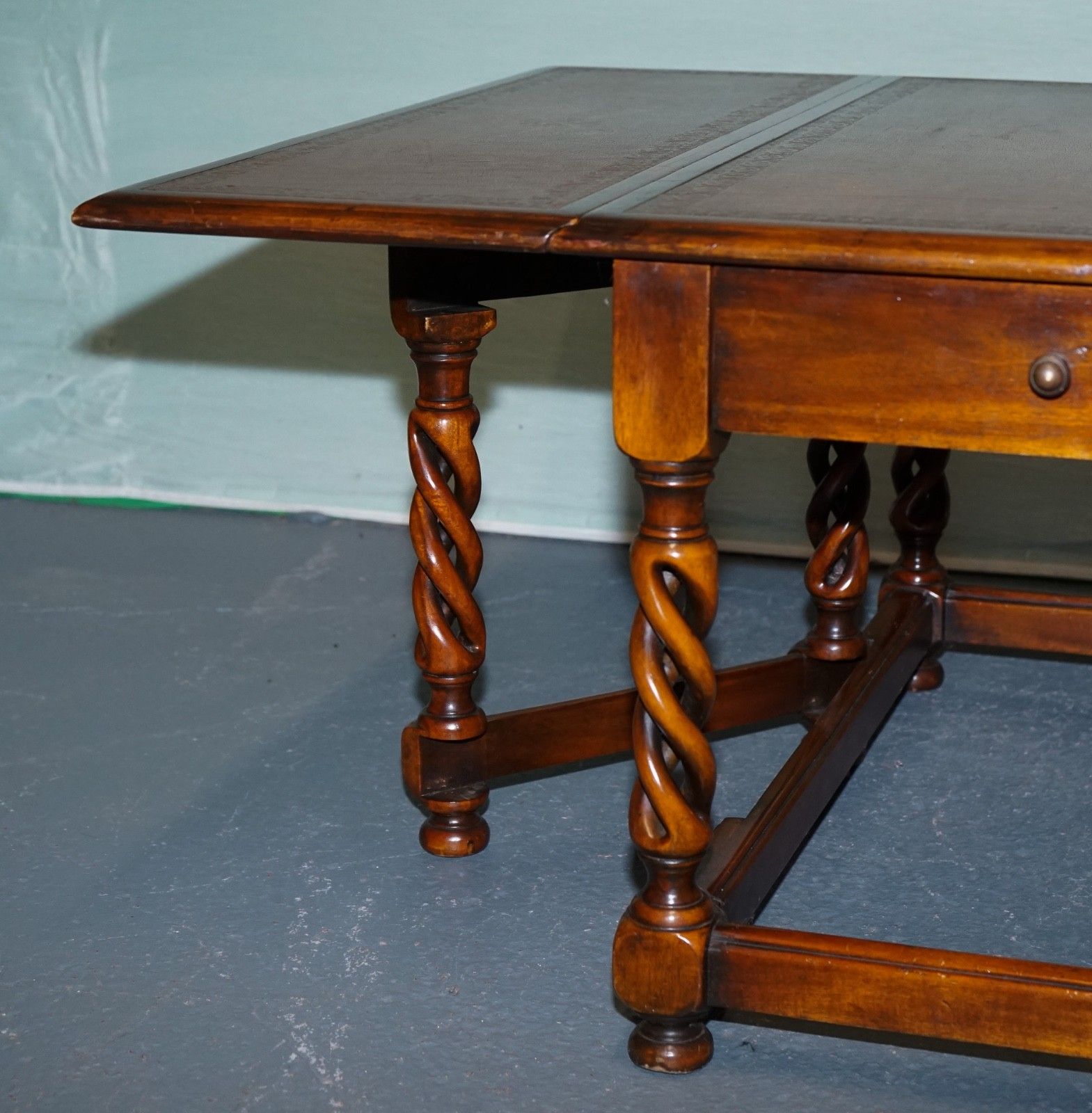 Elegant Theodore Alexander Drop Leaf Barley Twist Table With Leather Top photo 1650.0