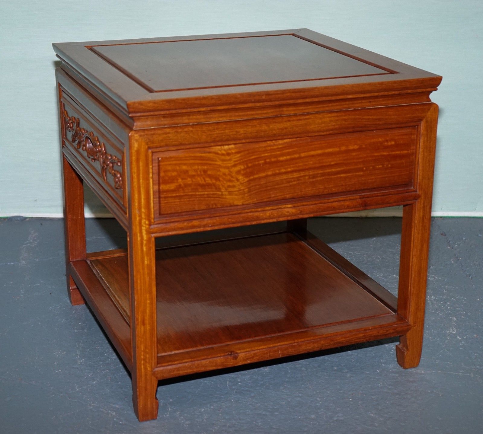 photo vinterior Oriental Chinese Vintage Teak Nightstand Bedside Table With Drawer