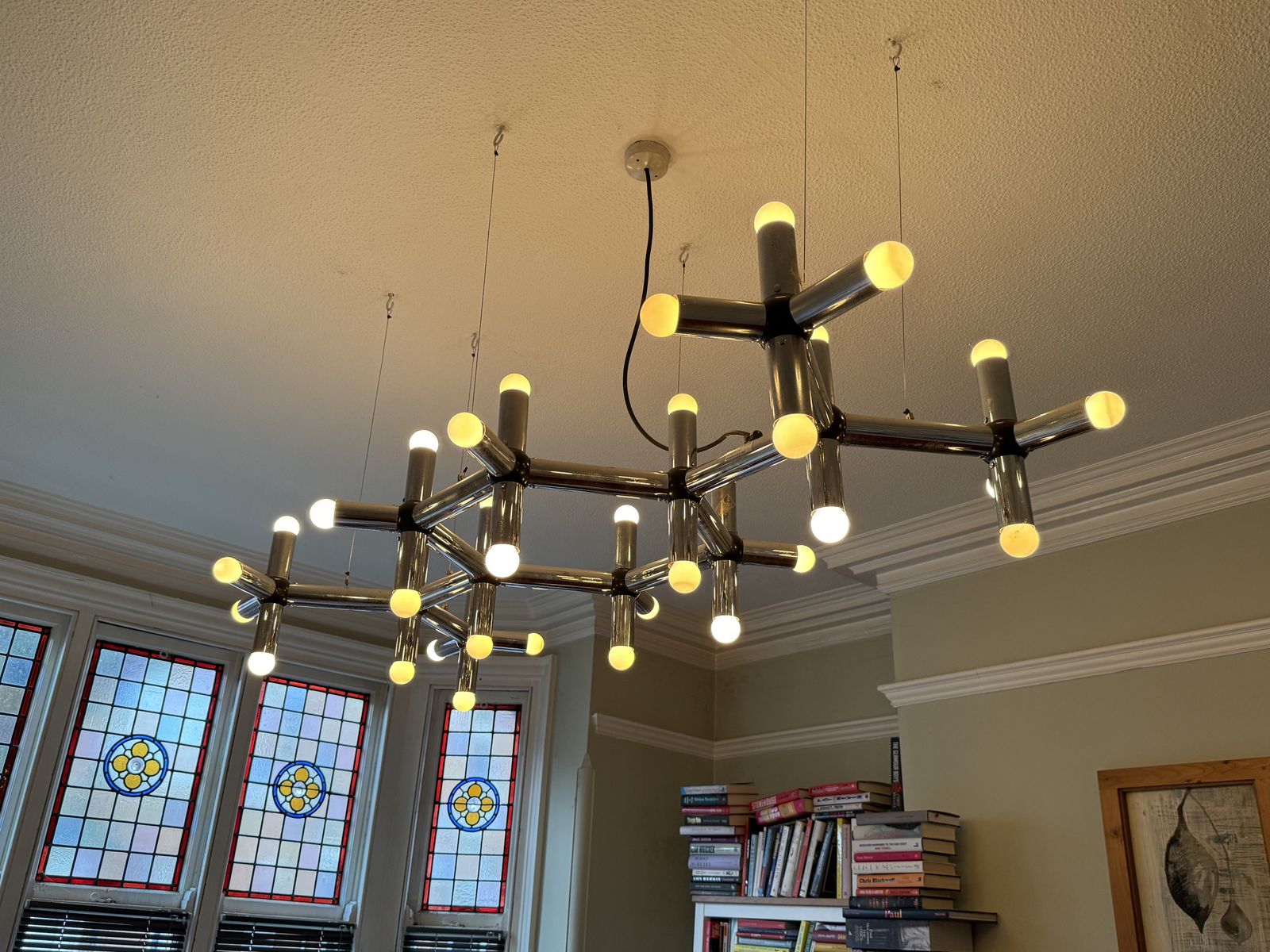 Stylish Large Chandelier /Ceiling Lamp, Model Atomic. In Great Condition. Designed By Trix & Robert Haussmann, Made For Swiss Lamps, 1960/70s.