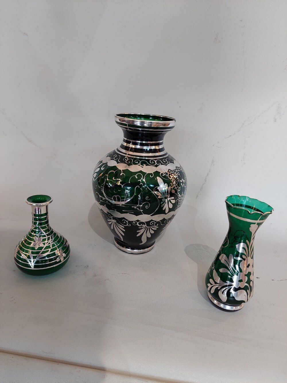 3 Early 20thc Art Nouveau Green Glass Vases photo for sale