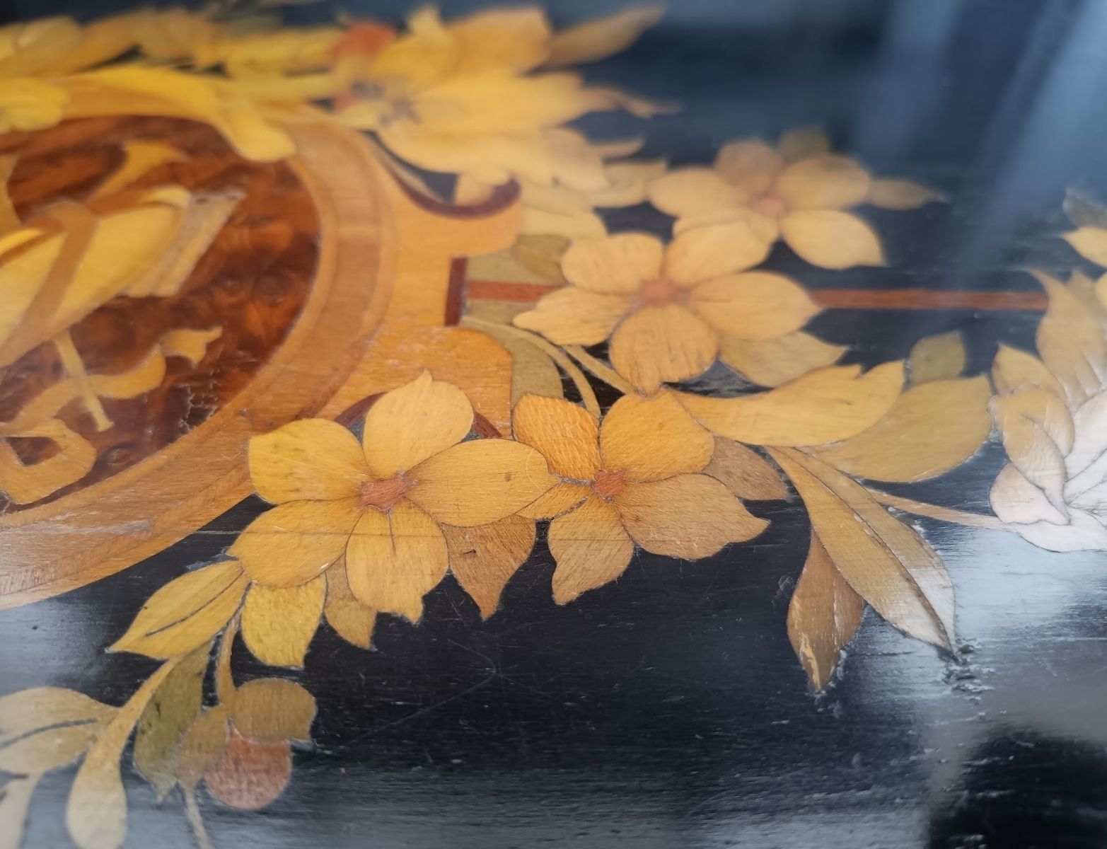Antique Belle Epoque Marquetry Wooden Tray Drum And Horn Motif With Brass Handle photo buy