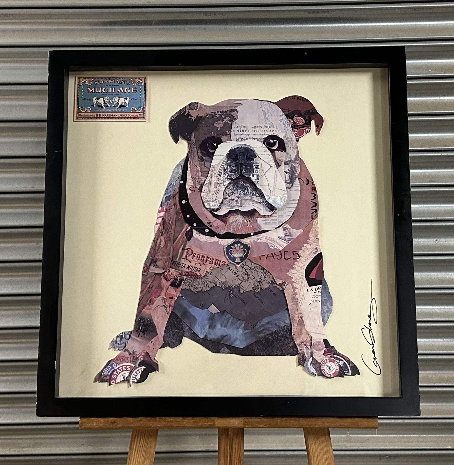 Large Framed Three Dimensional Layered Collage Of An English Bulldog photo furniture